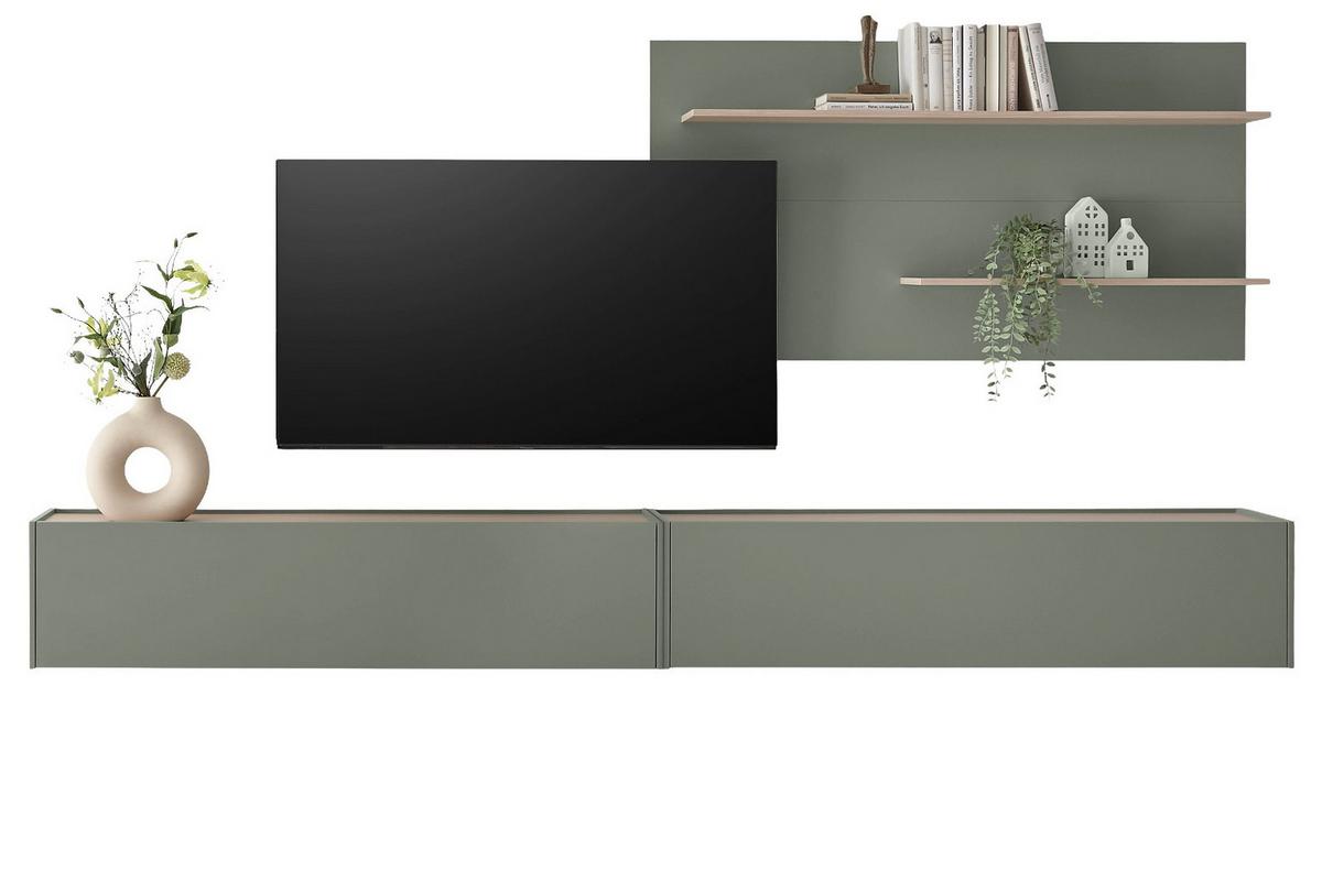 WOHNWAND in Salbei Grün mit Eiche, Wohnzimmer Fernsehschrank mit 300 cm TV Lowboard, gesamt 300 x 190 cm - Salbeigrün/Eichefarben, Holz/Holzwerkstoff (300/190/30cm) - Furn.Design