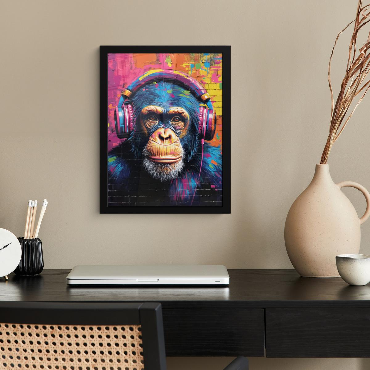 POSTER MIT RAHMEN Graffiti - Schimpanse - Straßenkunst - Kopfhörer - Affe Bilderrahmen 30x40 cm - Blau, Papier (30/40cm) - MuchoWow