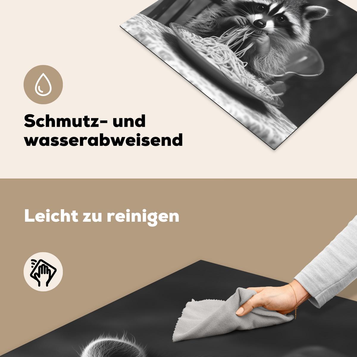 HERDABDECKPLATTE Waschbär - Niedlich - Pasta - Tischtuch - Schwarz - Weiß Herdabdeckung Induktionsfeld 65x52 cm - Grau, Kunststoff (65/52/0.2cm) - MuchoWow