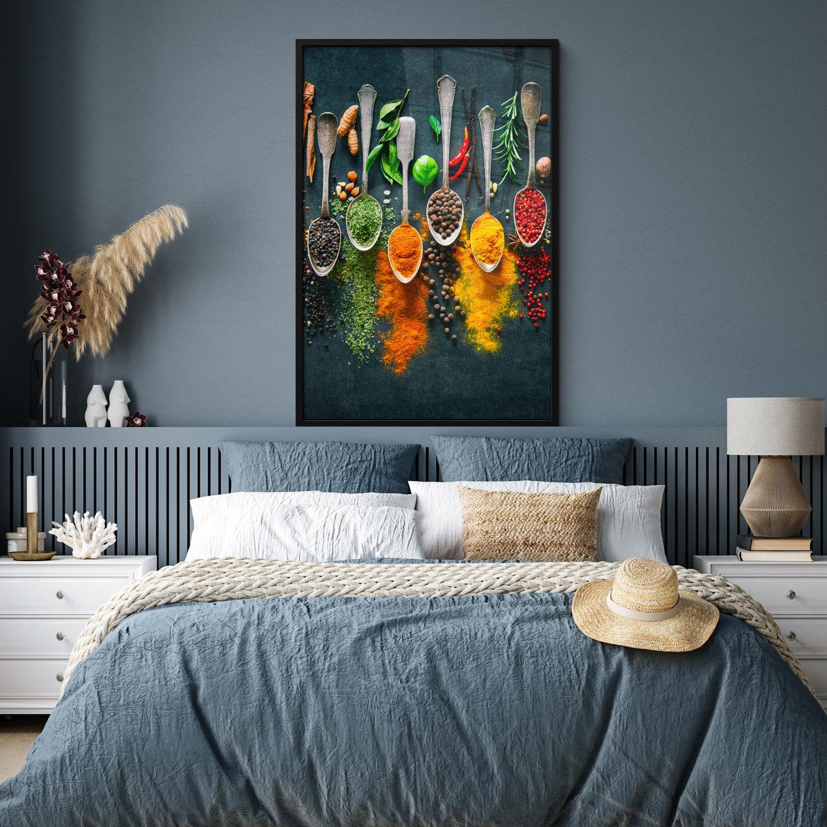 POSTER MIT RAHMENGERAHMTES BILD Kräuter - Gewürze - Löffel Bilderleiste 80x120 cm - Currygelb, Papier (80/120cm) - MuchoWow