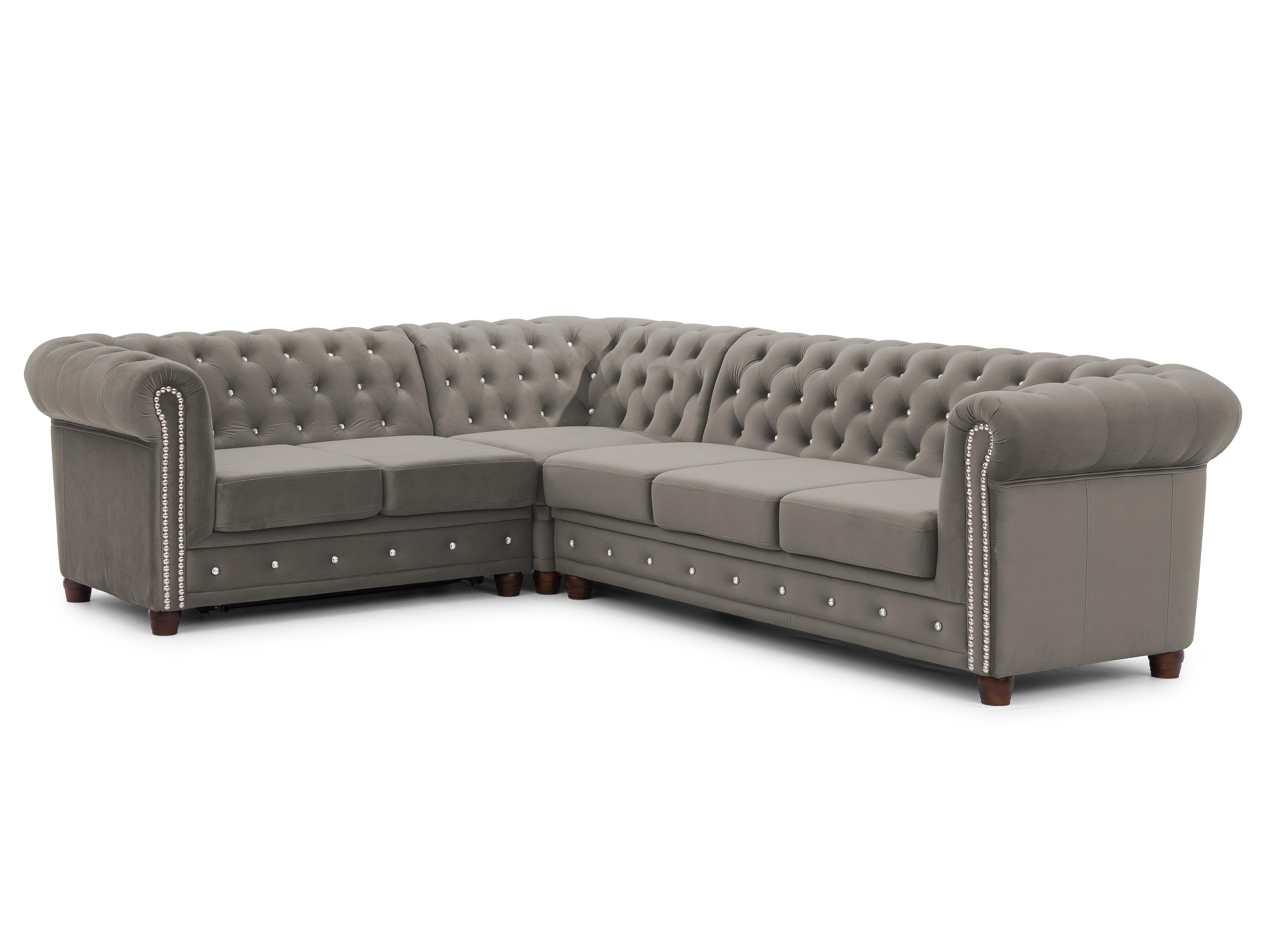 ECKSOFA mit Schlaffunktion Chesterfield Grau Samt mit Kristallsteppung und braunen Massivholzfüßen - Ottomane Links - Braun/Grau, Holz/Textil (264/210cm) - S-Style Möbel