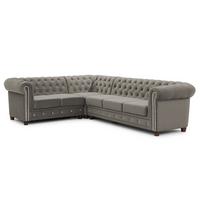 ECKSOFA mit Schlaffunktion Chesterfield Grau Samt mit Kristallsteppung und braunen Massivholzfüßen - Ottomane Links - Braun/Grau, Holz/Textil (264/210cm) - S-Style Möbel