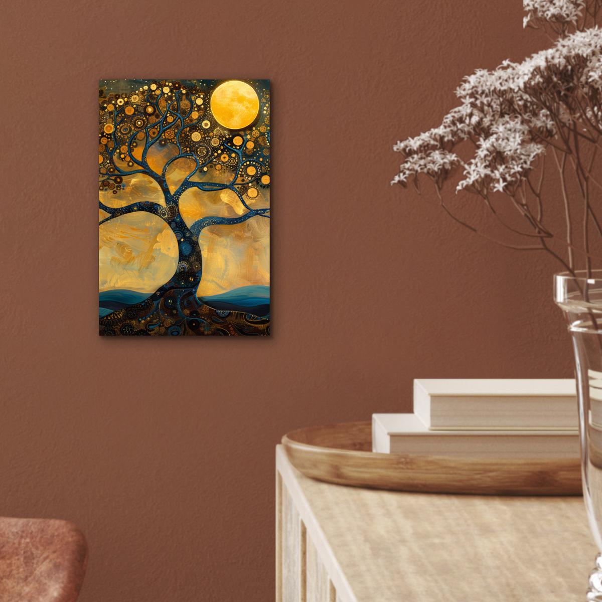 METALLBILD Baum - Mond - Blumen - Gold - Kunst 20x30 cm - Orange, Metall (20/30cm) - MuchoWow