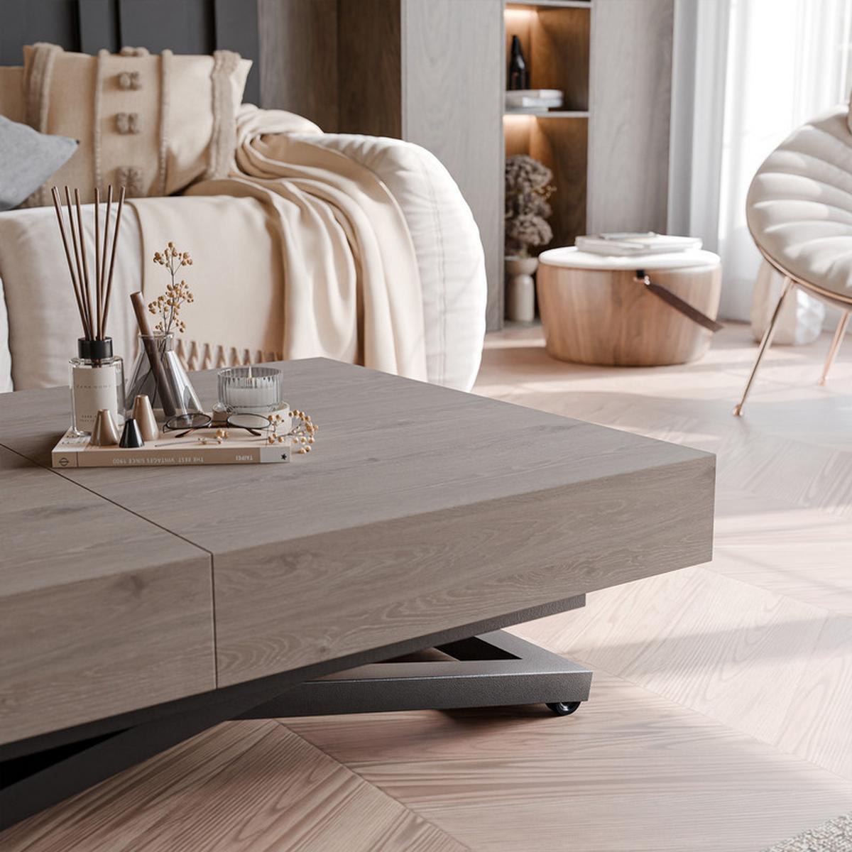 COUCHTISCH SANELLE ausziehbar mit Liftfunktion, 120/80/76 cm Schwarz / Davos-Eiche - Trüffeleichefarben/Schwarz, Holzwerkstoff/Metall (80/120/27cm) - Idohome
