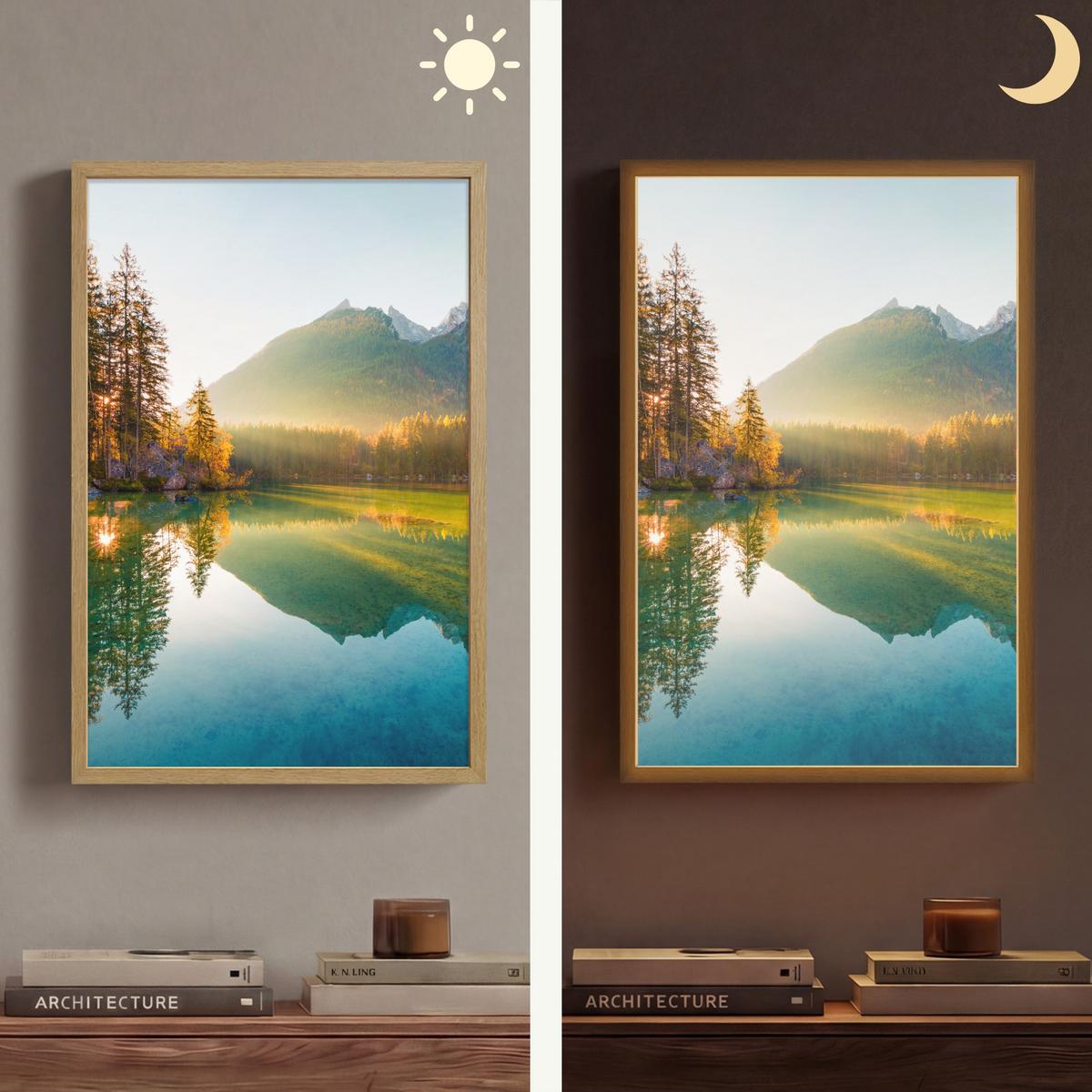 WANDLEUCHTE MIT AKKU See - Wald - Berge - Natur - Sonne - Landschaft 40x60 cm - Grün, Holzwerkstoff (40/60/8cm) - OnlyWow