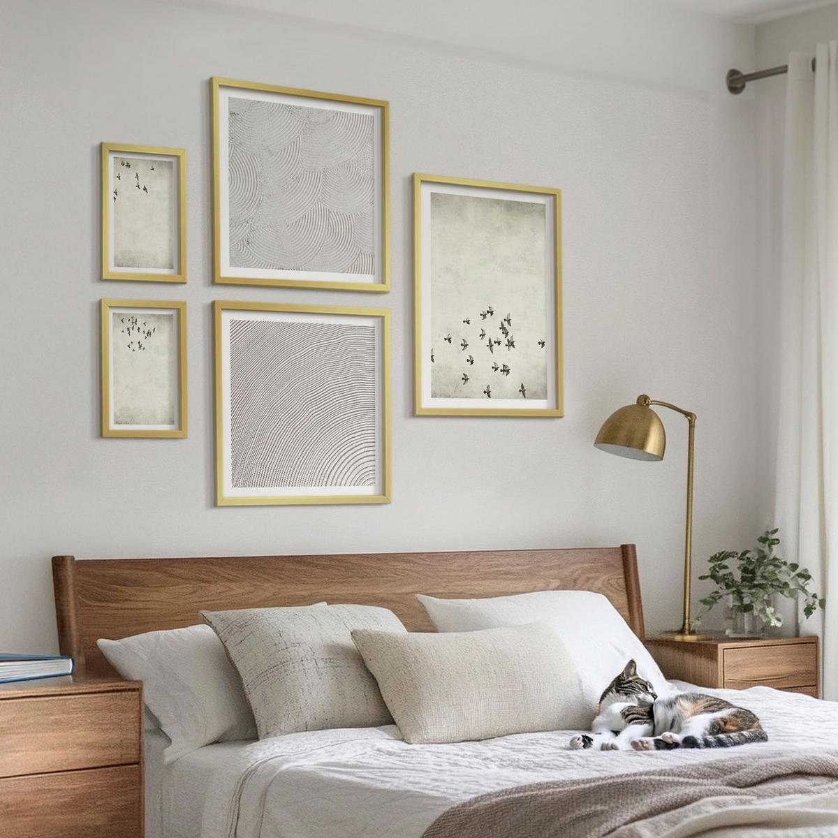 BILDER SET 5er Set - 50x50 cm & 20x30 cm & 40x60 cm Goldrahmen - Minimalistische Vogelmalerei - Goldfarben, Kunststoff (40/60cm) - TULUP