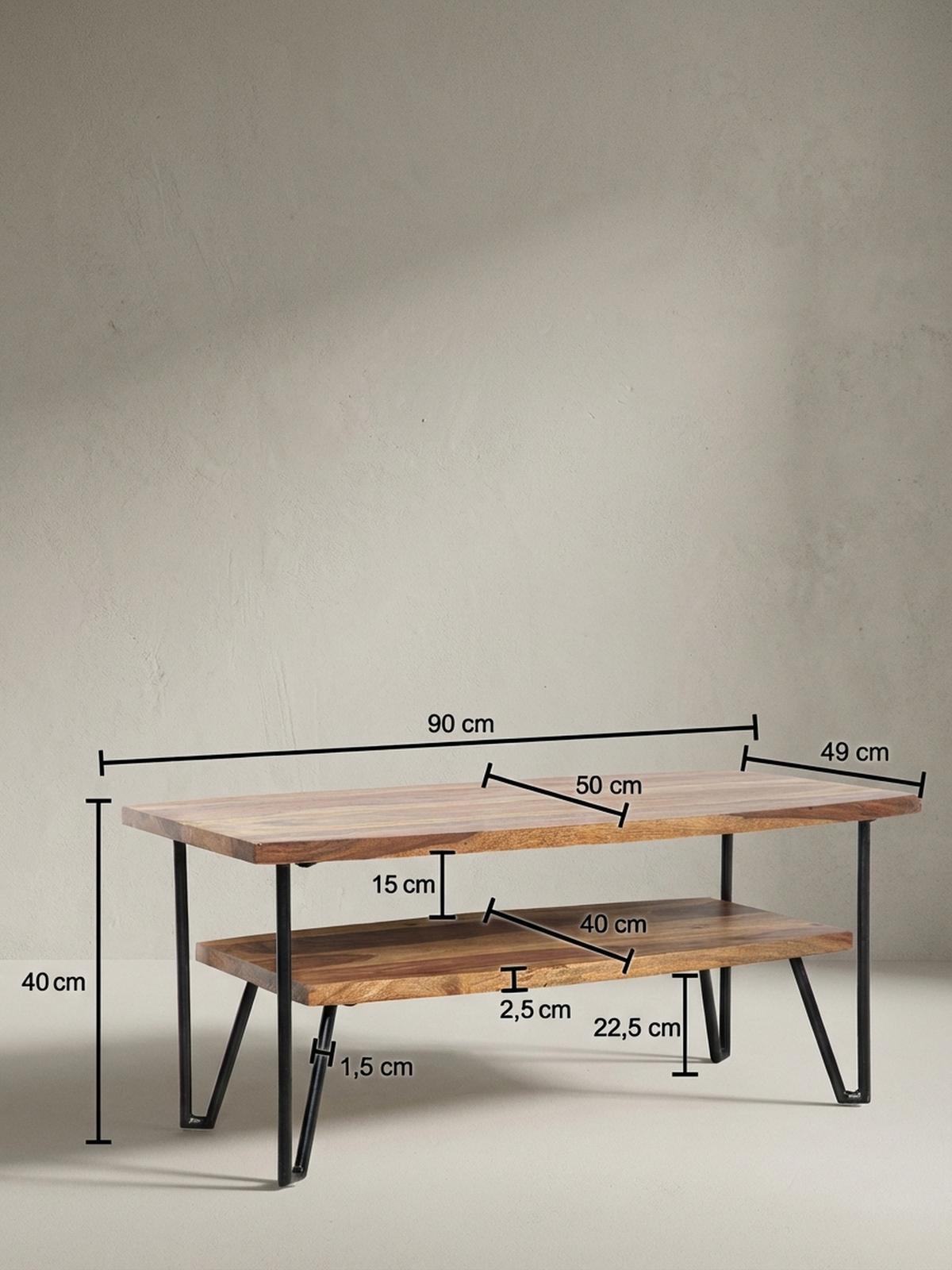 COUCHTISCH Sheesham Massivholz Metall Industrial-Style 90x50x40 cm - Schwarz/Braun, Holz/Metall (50/90/40cm) - KADIMA DESIGN