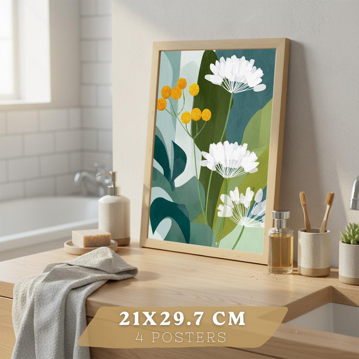 POSTER 4er-Set dekorative Badezimmerdrucke, moderne abstrakte florale Wandposter farbenfrohe nordische Dekoration Leichter Holzrahmen A4 - Beige, Papier (29.7/21/3cm) - Nacnic