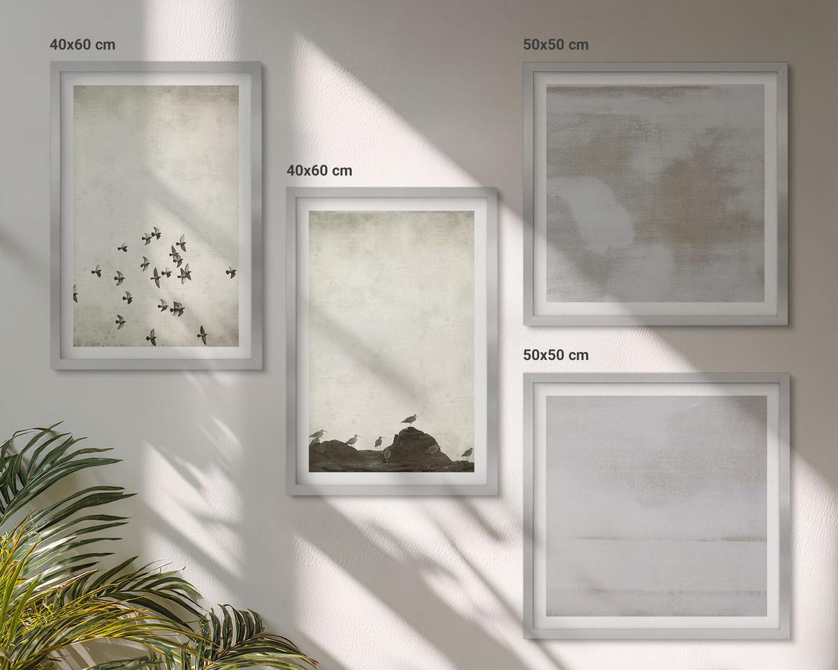 BILDER SET 4er Set - 50x50 cm & 40x60 cm Silberner Rahmen - Minimalistische Vögel im Flug - Silberfarben, Kunststoff (50/50cm) - TULUP