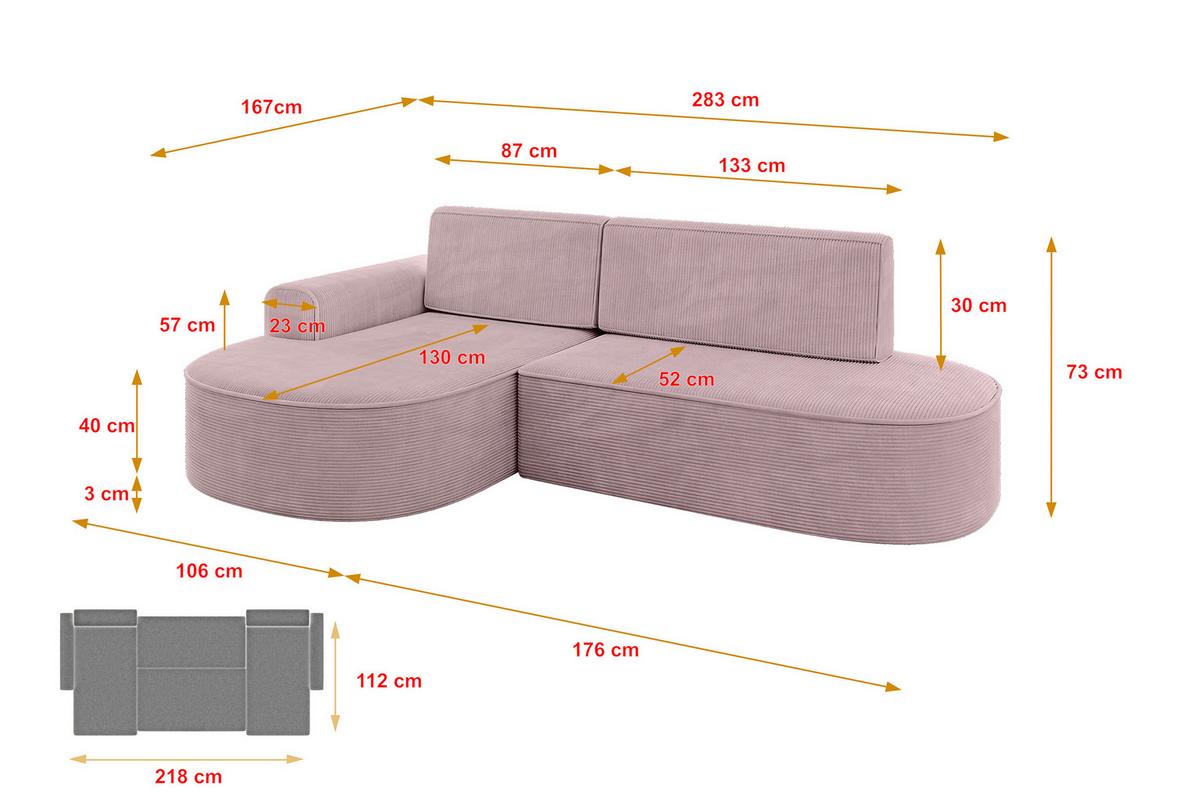 ECKSOFA mit Schlaffunktion und Bettkasten Ottomane Links MARI-L1-S - 283x167x73 cm Rosa Cord - Schwarz/Rosa, Holzwerkstoff/Kunststoff (283/167cm) - ALTDECOR