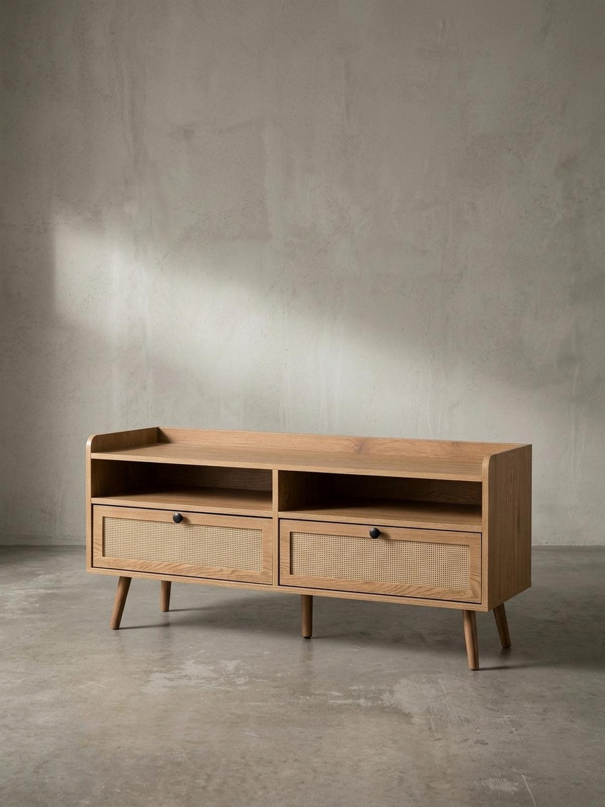 LOWBOARD Eiche-Dekor Rattan Modern Stil 120x56x39 cm mit Schubladen - Eichefarben/Braun, Holz (120/56/39cm) - KADIMA DESIGN
