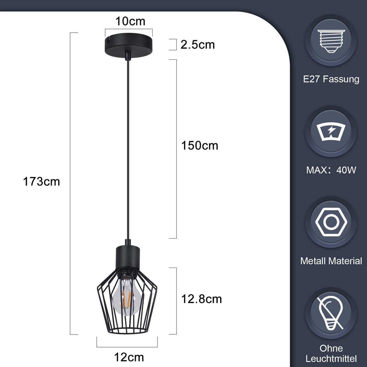 PENDELLEUCHTE Franz 1-flammig 12/12/173 cm - Schwarz, Metall (12/12/173cm) - Nettlife