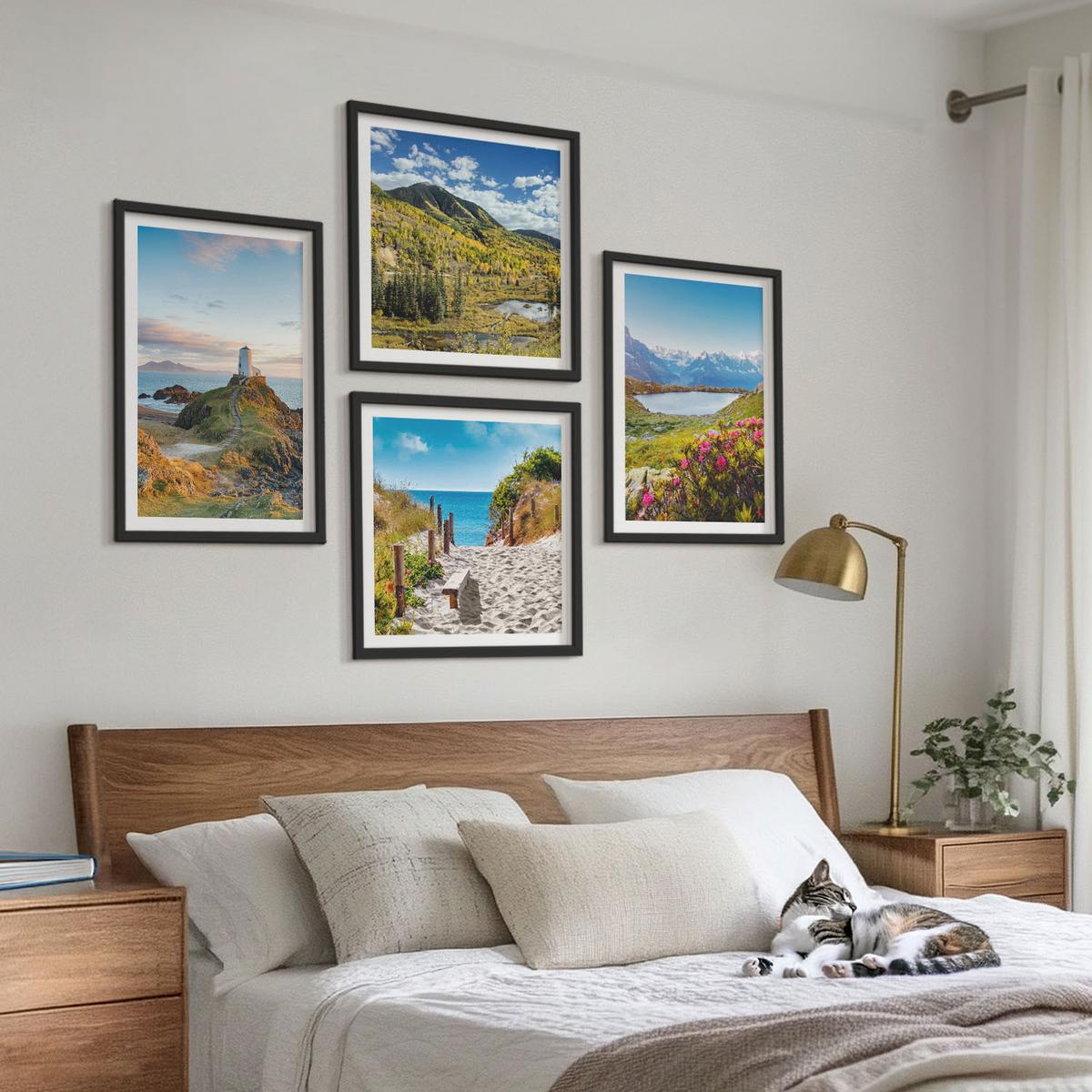BILDER SET 4er Set - 50x50 cm & 40x60 cm Schwarzer Rahmen - Strand, Leuchtturm, Berge, Wiesen, Blumen - Schwarz, Kunststoff (50/50cm) - TULUP