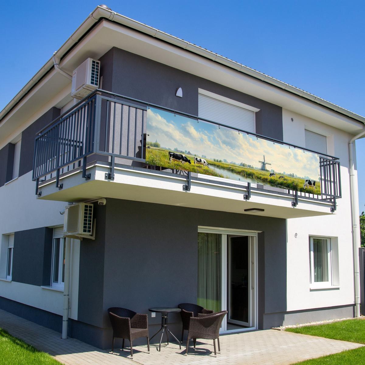 BALKON-SICHTSCHUTZ Kühe - Windmühle - Wiese - Blau Witterungsbeständig 300x80 cm - Grün, Kunststoff (300/80cm) - MuchoWow