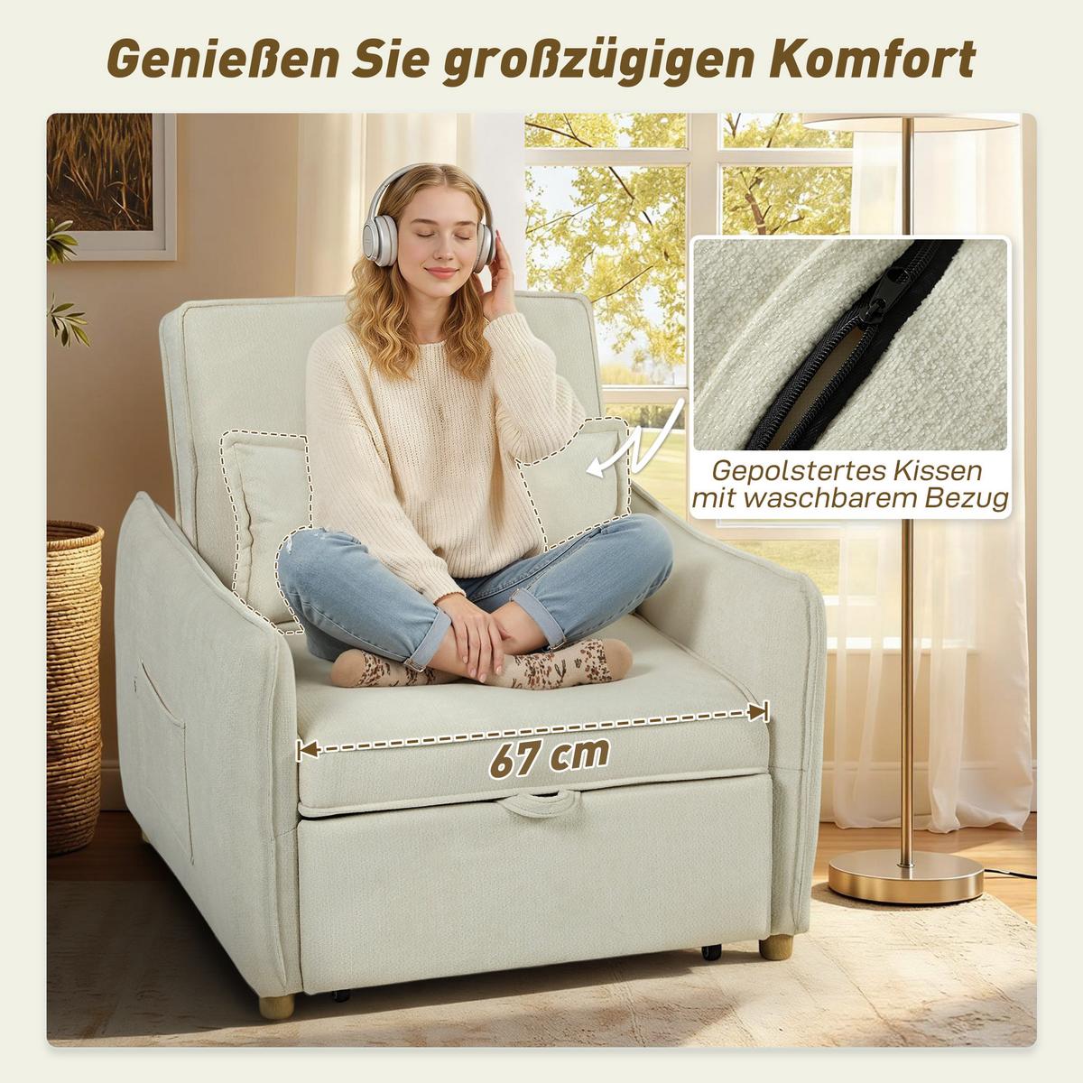 SCHLAFSESSEL Polyester Eukalyptusholz Cremeweiß - Eukalyptusholzfarben/Creme, Holz/Textil (84/87/88cm) - HOMCOM