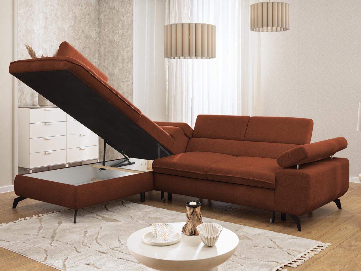ECKSOFA mit Schlaffunktion und Bettkasten Bonnie aus Terrakotta Chenille-Stoff mit verstellbaren Kopfstützen und Armlehne - Ottomane links - Terracotta/Schwarz, Holz/Textil (275/210cm) - S-Style Möbel
