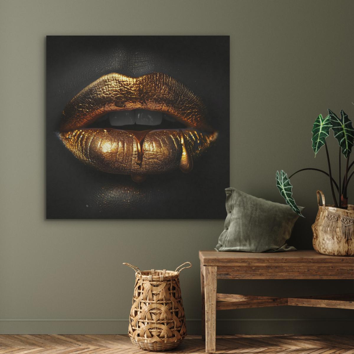 AKUSTIKBILD Frau - Porträt - Lippen - Gold - Schwarz Akustikpaneele 90x90 cm - Schwarz, Kunststoff (90/90/0.9cm) - MuchoWow