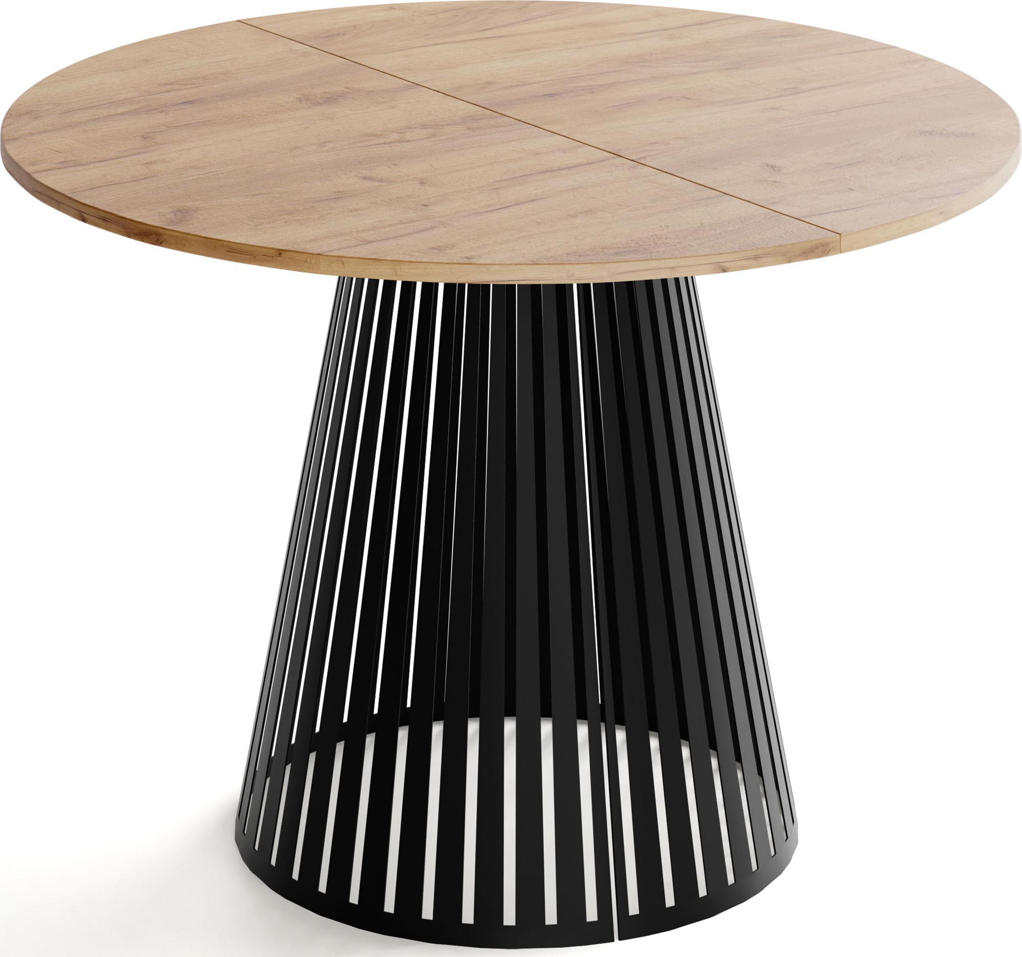 ESSTISCH Naro rund ausziehbar mit Schwarzem Lamellen-Metallgestell, Braun 120-200/120/76 cm - Eiche Wotan/Schwarz, Holzwerkstoff/Metall (120/196/76cm) - WFL GROUP