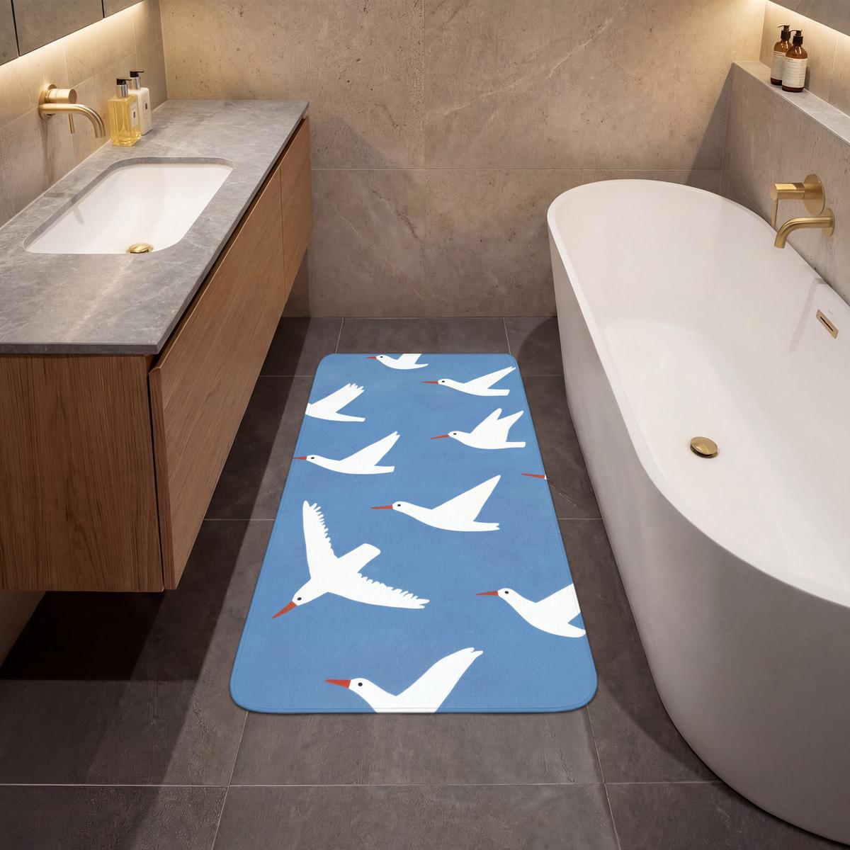 BADEMATTE Vögel - Weiß - Muster 60x120 cm - Blau, Textil (60/120cm) - OnlyWow