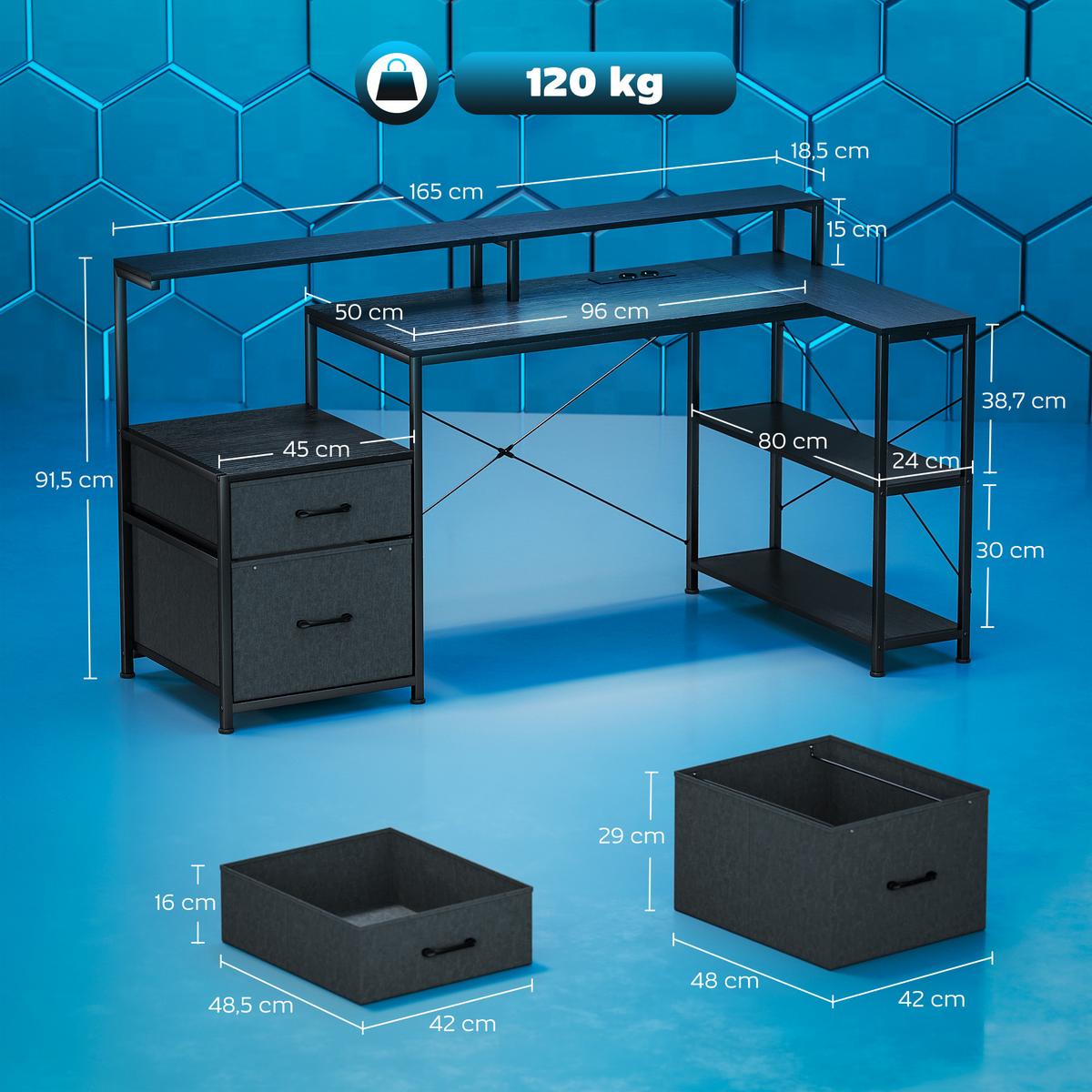 GAMING Tisch L-förmiger 165 x 80 cm Schreibtisch mit LED & Steckdosen 2 Schublad - Schwarz, Holzwerkstoff/Metall (165/80/91.5cm) - HOMCOM