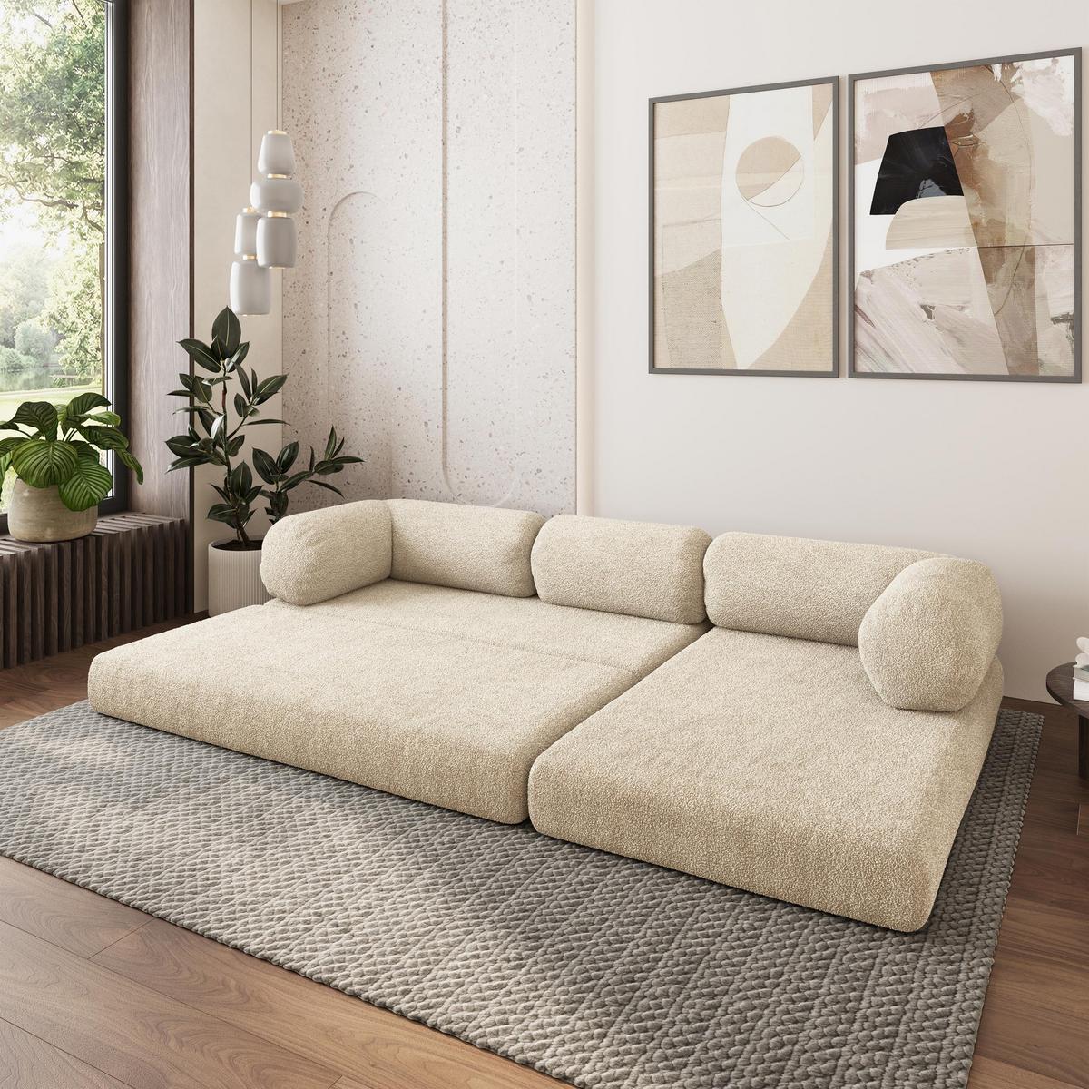 ECKSOFA KELI modulares Boneless Sofa mit Schlaffunktion Creme Boucle-Stoff - Creme, Textil (270/160cm) - MASSENO