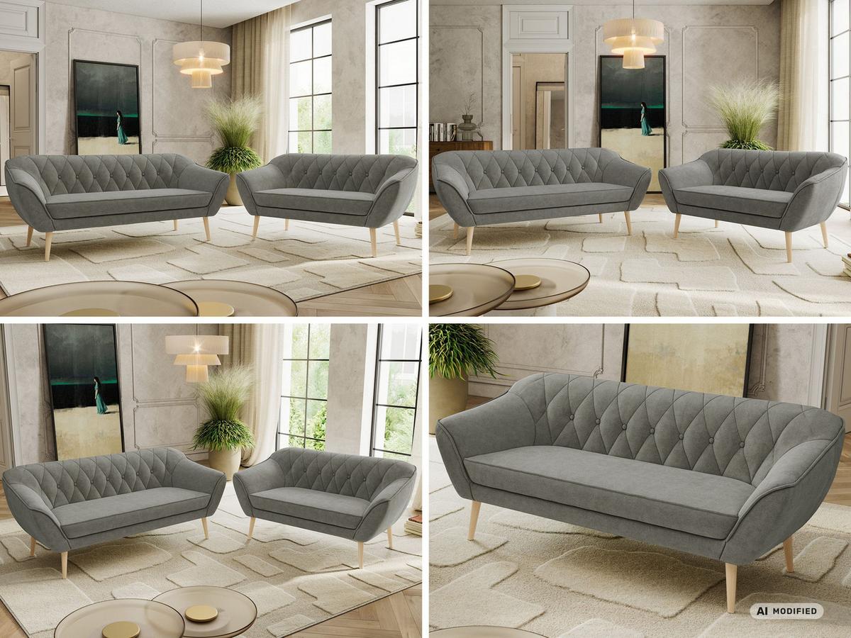 SITZGARNITUR PIRS 3+2 - Grau Strukture - Holzbeine - Platinfarben/Buchefarben, Holzwerkstoff/Textil (180/75/74cm) - MKS