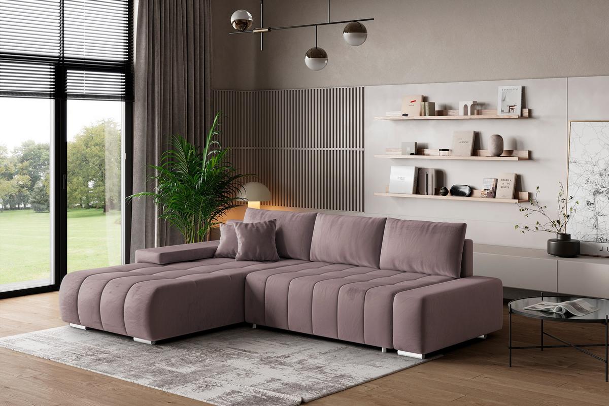 ECKSOFA ALESE L-S Lila Velours-Stoff mit Schlaffunktion - Lila/Silberfarben, Holz/Textil (265/185cm) - MASSENO