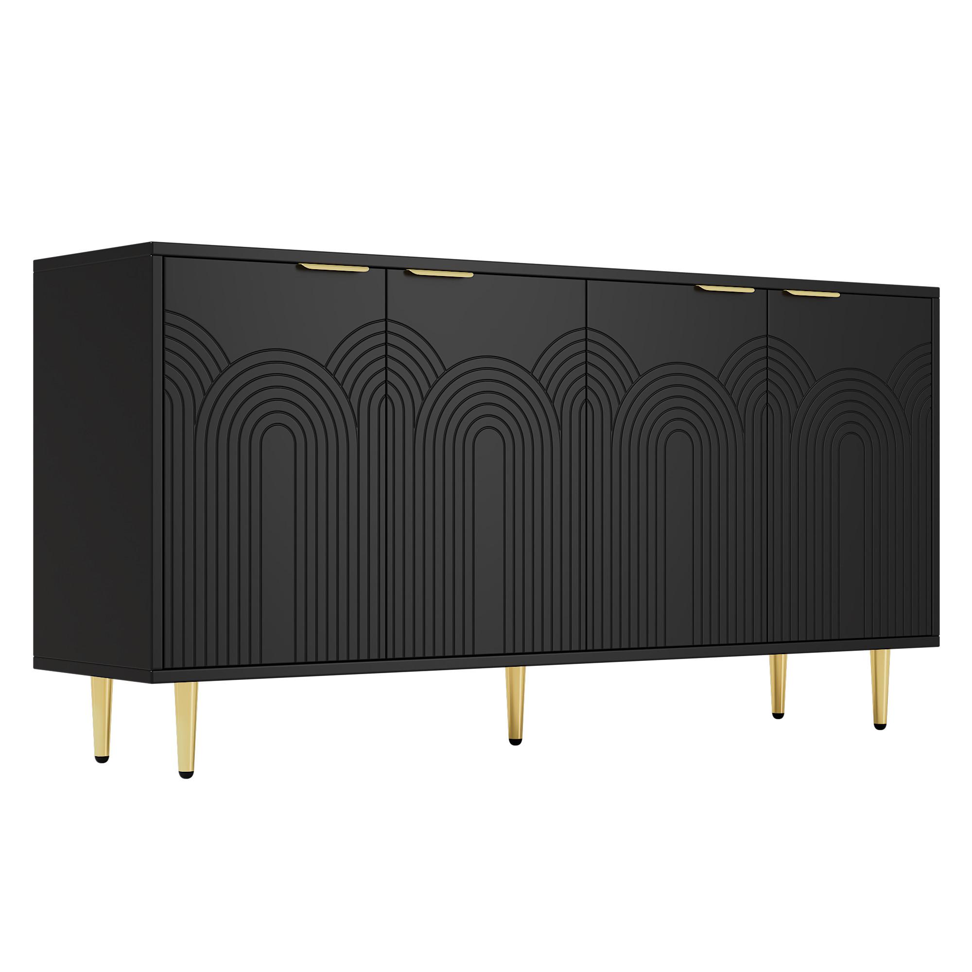 SIDEBOARD schwarz & gold-details mit 4 türen & 3d-rillen-design - Schwarz, Holzwerkstoff (160/80/40cm) - Urban Meuble