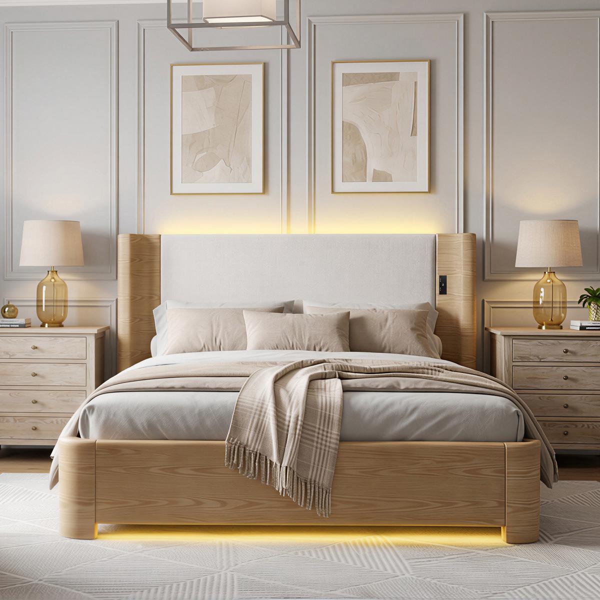 POLSTERBETT Beige Samt King Size 190X200 Stauraumbett mit LED & Gaslift - Beige, Textil (190/200cm) - Urban Meuble