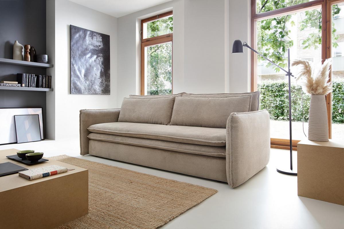 BETTSOFA SCORZA Beige Velours-Stoff mit Schlaffunktion - Beige, Textil (103/82/229cm) - MASSENO