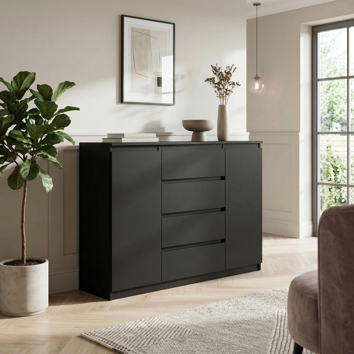 KOMMODE NUDO 138,5/101,5/39cm mit 4 Schubladen 2 Türen Schwarz - Schwarz, Holzwerkstoff (138.5/101.5/39cm) - MASSENO