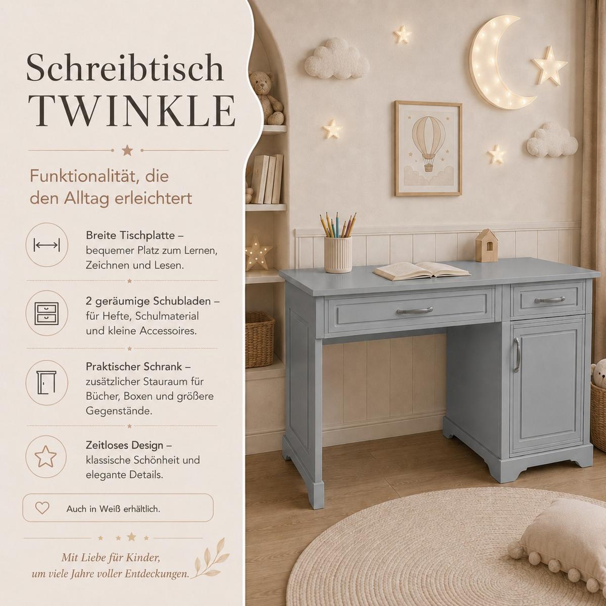 CHILDREN'S desk TWINKLE für das Kinderzimmer Grau matt - Grau, Holzwerkstoff (122/76/60cm) - Lookway