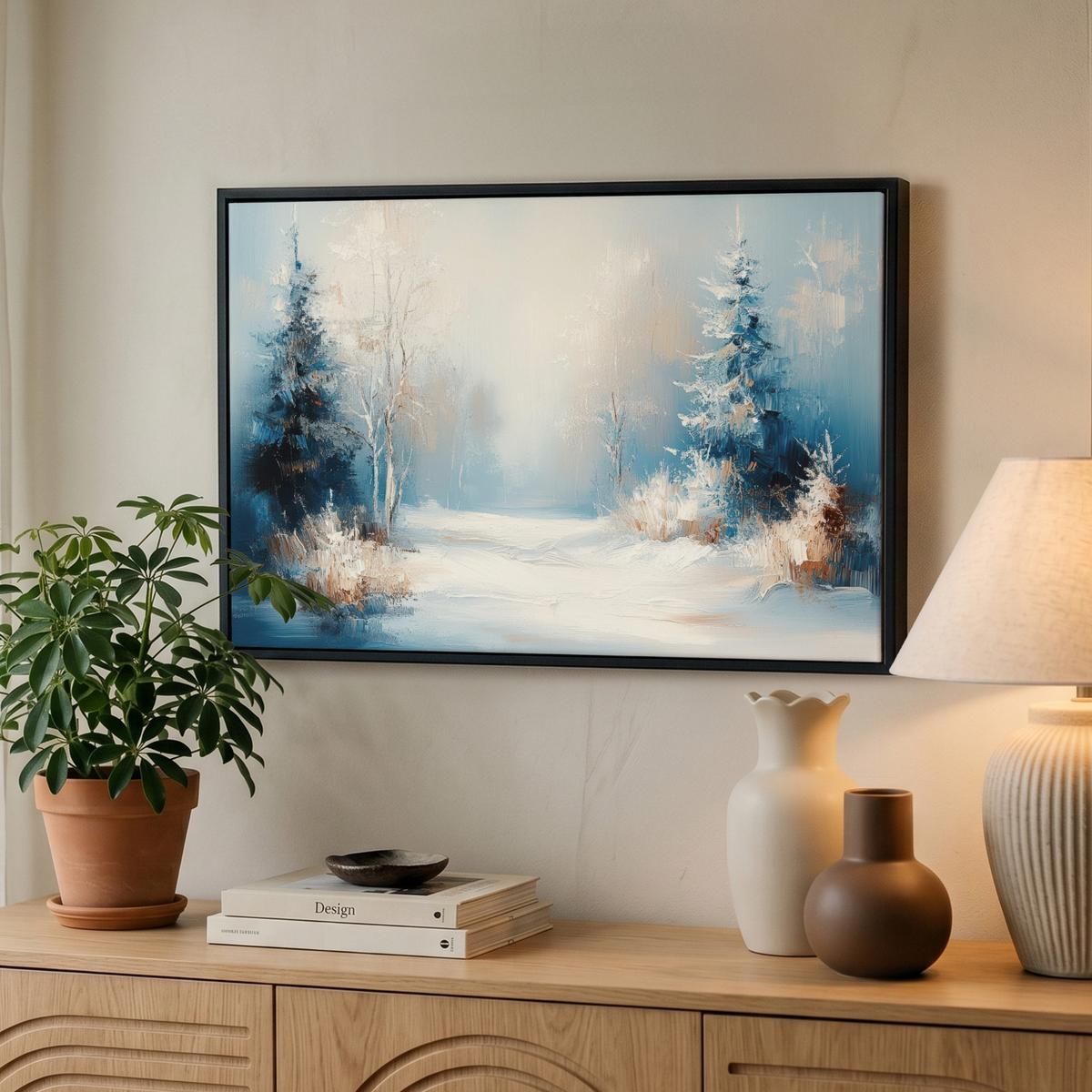 LEINWAND Bilder mit Rahmen - Wald – Winter – Natur – Abstrakt – Schnee - 60x40 - Weiß, Textil (60/40cm) - MuchoWow
