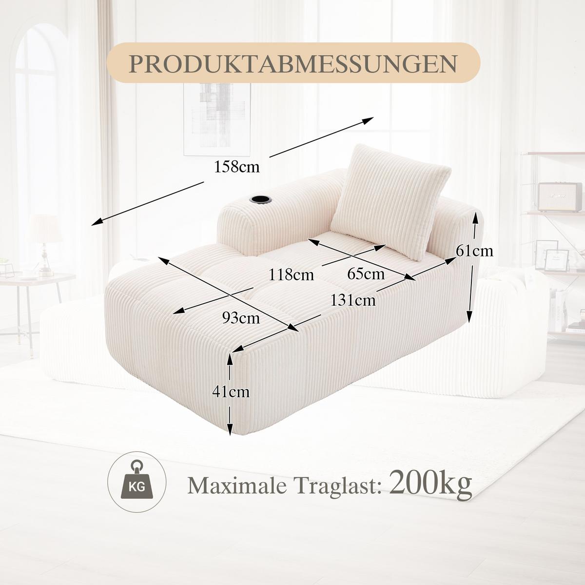 CHAISELONGUE in Cord (158 cm) mit Getränkehalter & Seitentaschen - Beige, Textil (158/61/93cm) - Urban Meuble