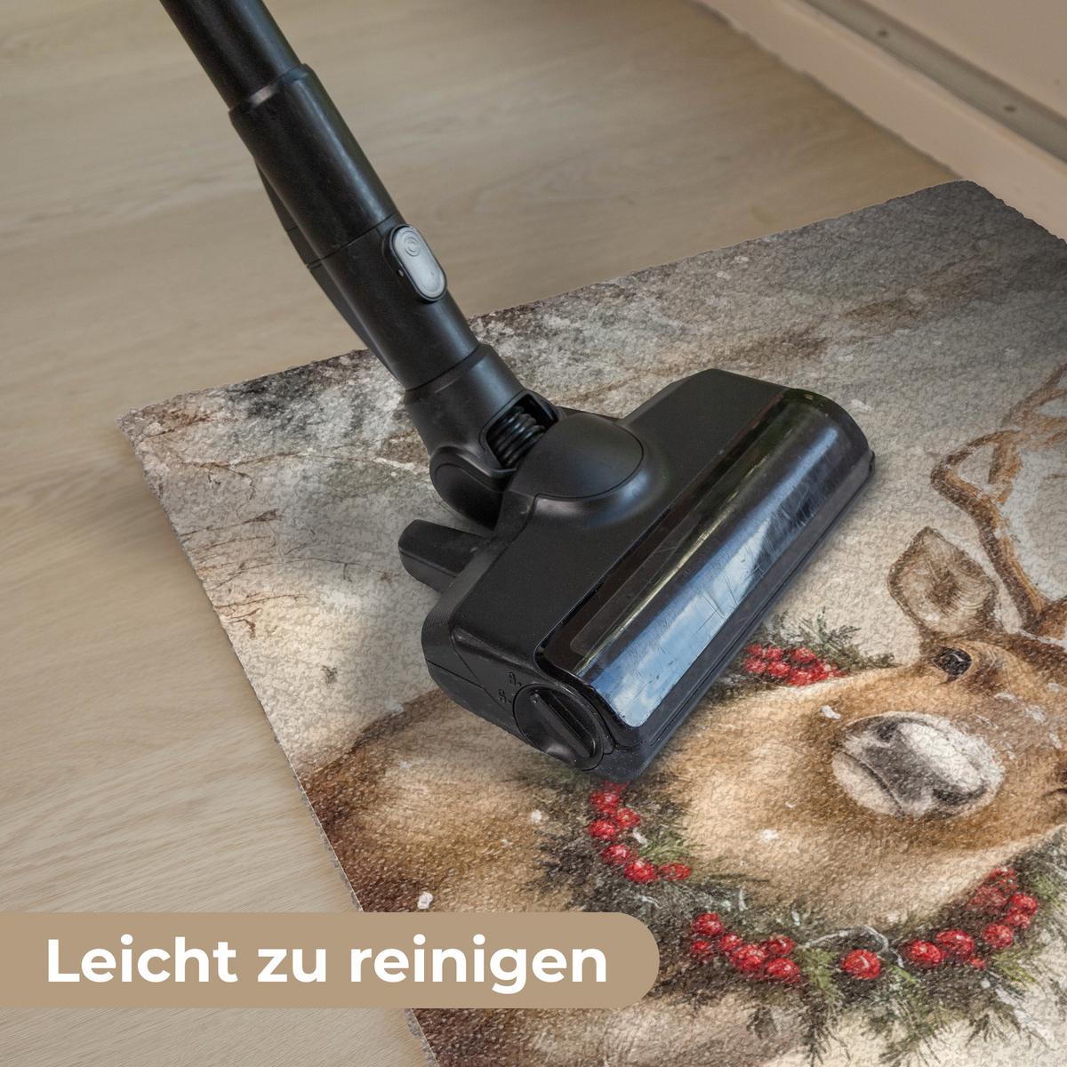FUSSMATTE Weihnachten - Rentier - Winter - Kranz Flurteppich 90x60 cm - Braun, Kunststoff (90/0.4cm) - MuchoWow