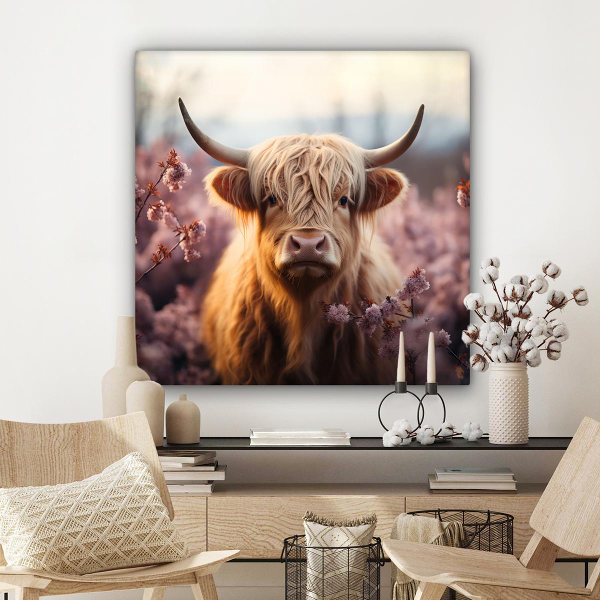 LEINWANDBILD Schottischer Hochländer - Frühling - Hochland Deko Groß 90x90 cm - Hellrosa, Textil (90/90cm) - MuchoWow