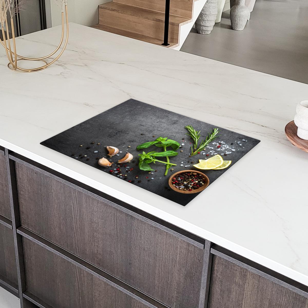 HERDABDECKPLATTE Limette - Kräuter - Gewürze - Grün - Grau - Beton Induktionsmatte 71x52 cm - Grün, Kunststoff (71/52/0.2cm) - MuchoWow