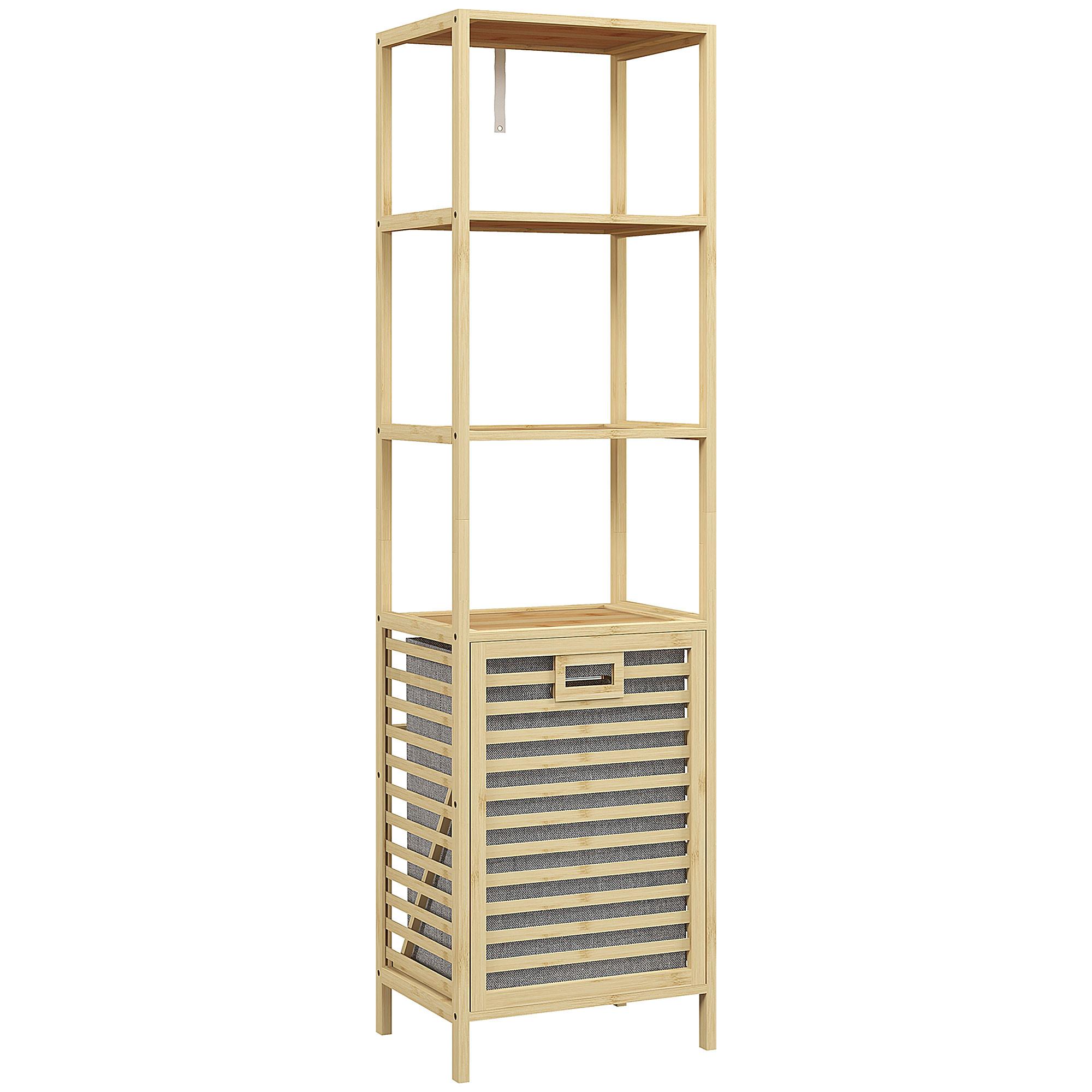 BADREGAL mit Wäschekorb, Badezimmerregal mit 3 Ebenen Kippschutz Bambus - Naturfarben, Holzwerkstoff (33/160/44cm) - HOMCOM