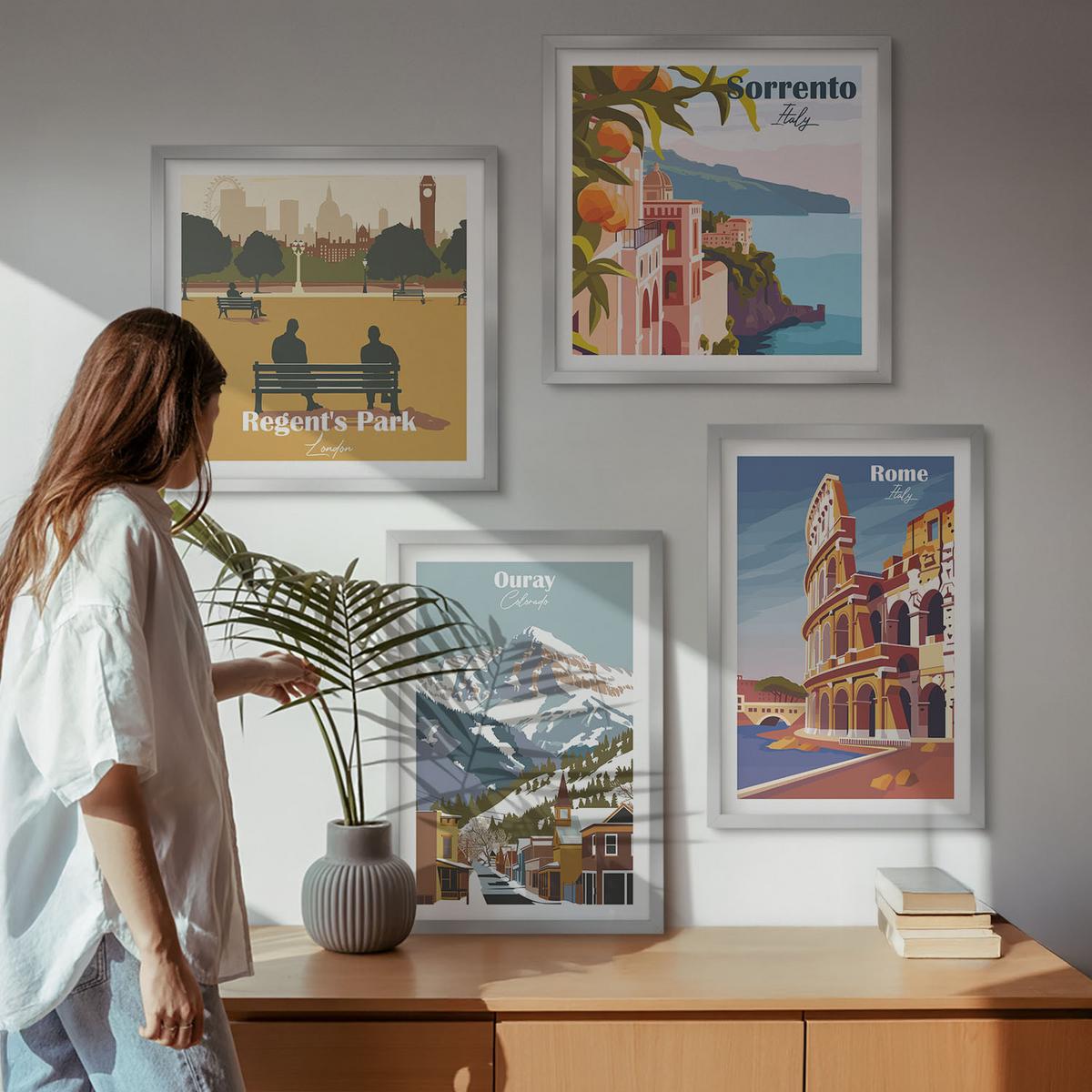 BILDER SET 4er Set - 50x50 cm & 40x60 cm Silberner Rahmen - Retro-Illustrationen berühmter Orte - Silberfarben, Kunststoff (50/50cm) - TULUP
