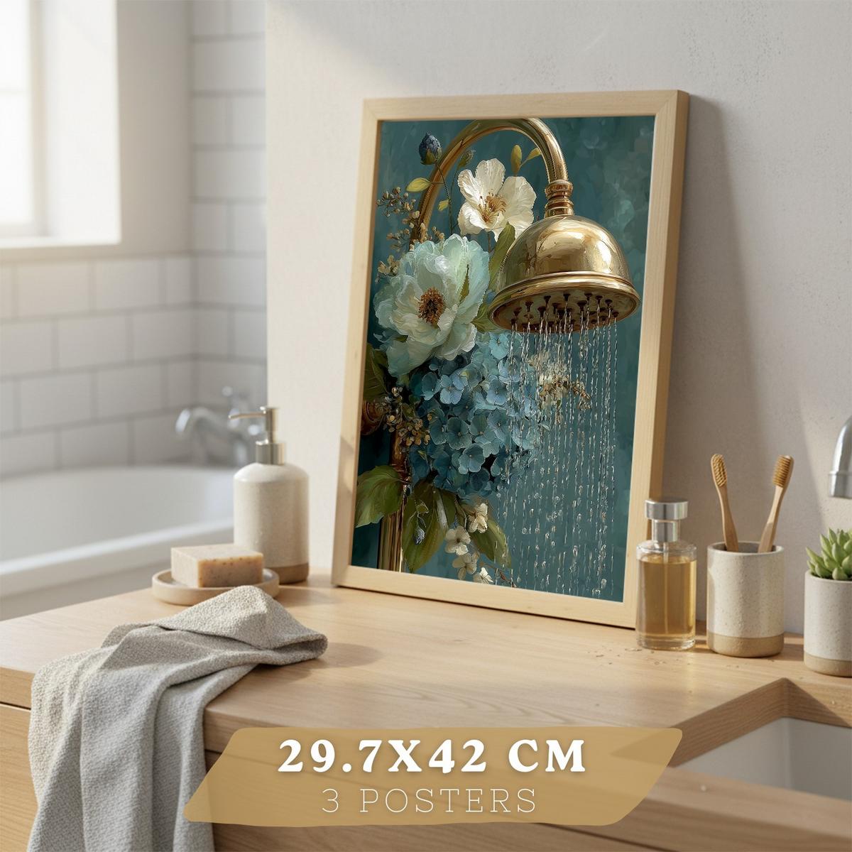 POSTER 3er-Set dekorative Badezimmer-Poster, elegante für Wand, Waschbecken, Dusche, mit Armatur, Spiegel und goldener Dusche Leichter Holzrahmen A3 - Beige, Papier (42/29.7/3cm) - Nacnic