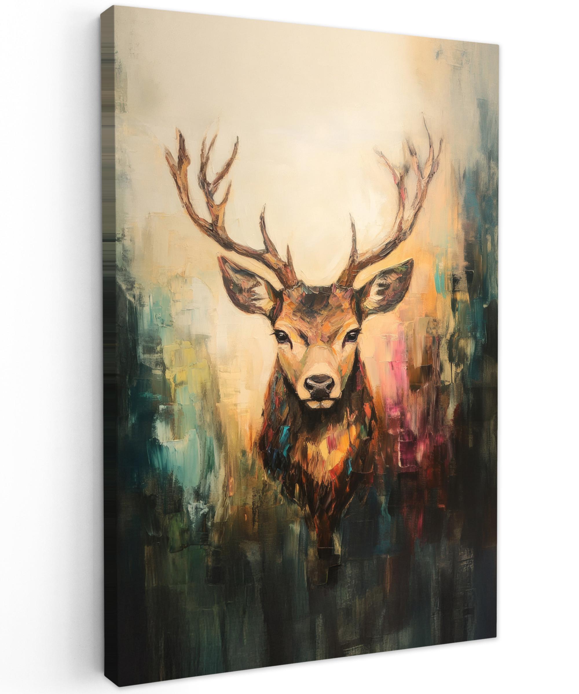 LEINWANDBILD Hirsch - Gemalt - Geweih - Braun Deko Groß 90x140 cm - Haselnussfarben, Textil (90/140cm) - MuchoWow