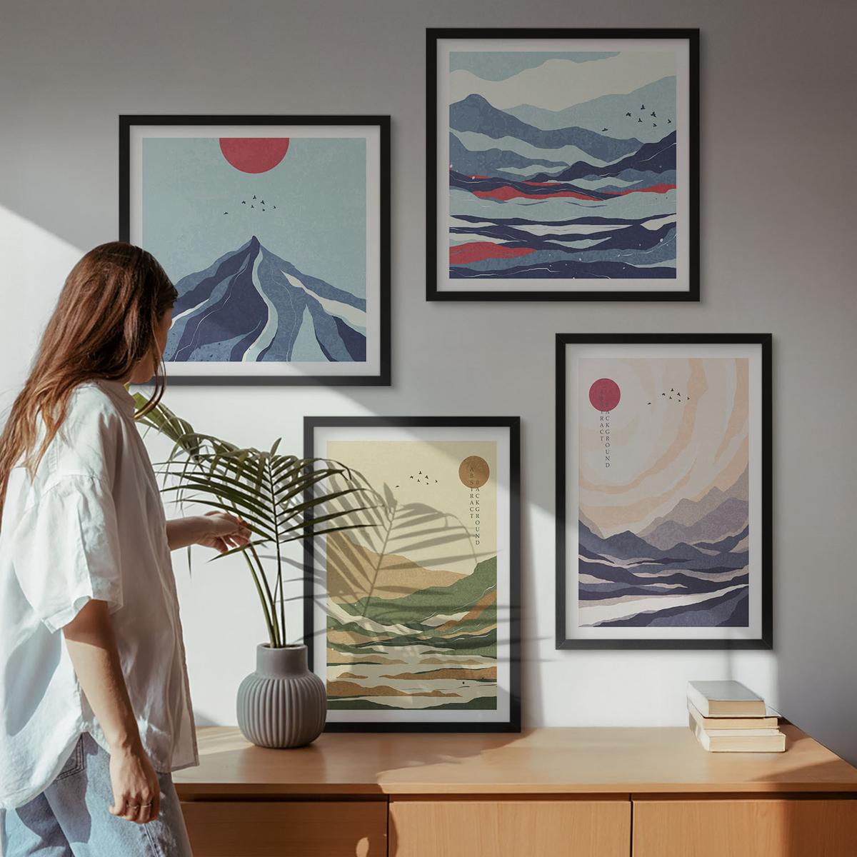 BILDER SET 4er Set - 50x50 cm & 40x60 cm Schwarzer Rahmen - Pastellfarbene Berge im Japandi-Stil - Schwarz, Kunststoff (50/50cm) - TULUP