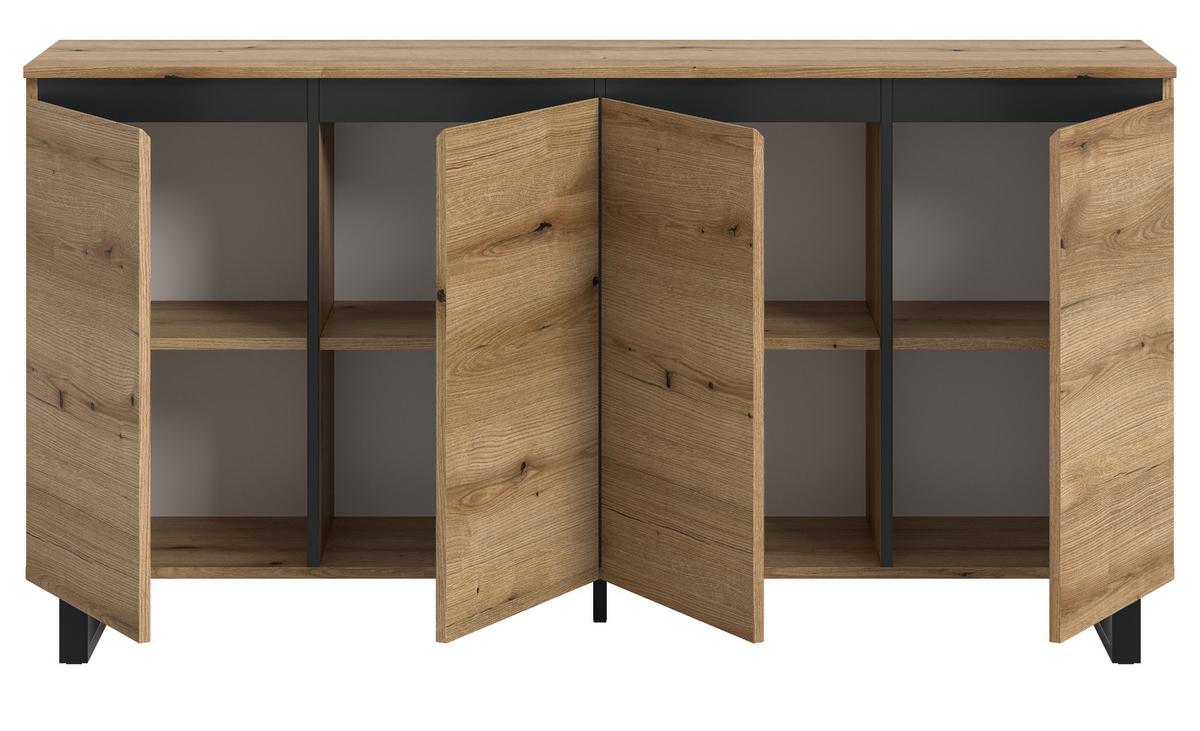 SIDEBOARD Evoke Eiche mit schwarz, Kommode 4-türig 160 x 84 cm mit Soft-Close - Eichefarben/Schwarz, Holz/Holzwerkstoff (160/84/36cm) - Inn.Furn