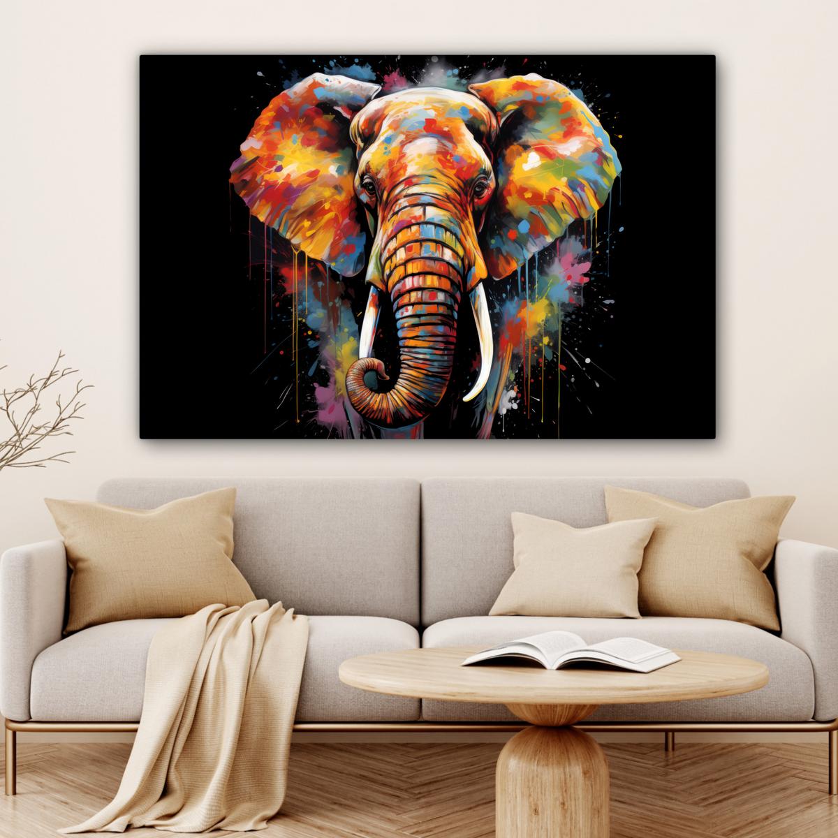 LEINWANDBILD Elefant - Graffiti - Schwarz - Tiere - Farben Groß 140x90 cm - Schwarz, Textil (140/90cm) - MuchoWow