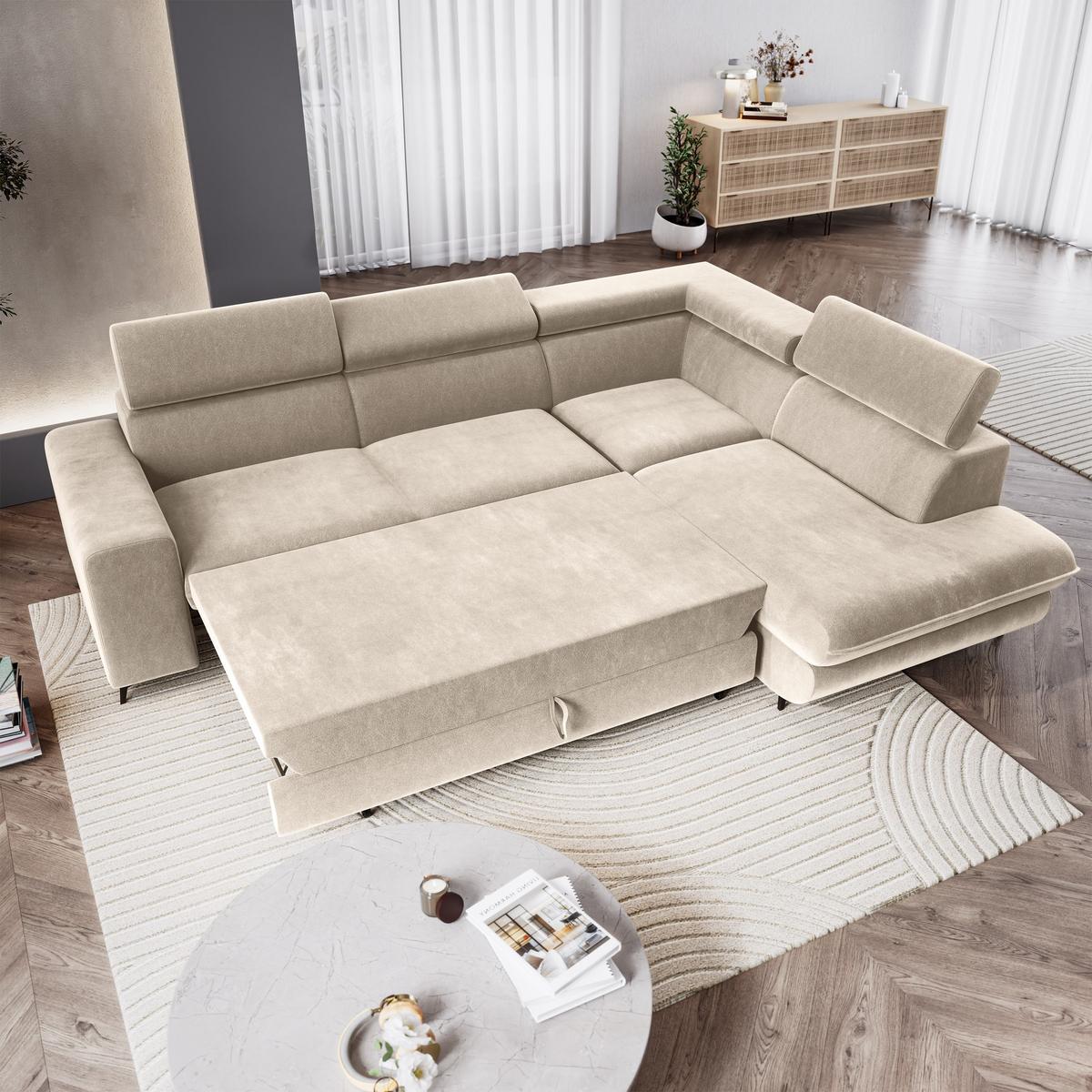 ECKSOFA VELISS Creme Veloursstoff mit Schlaffunktion - Creme, Holz (255/193cm) - MASSENO