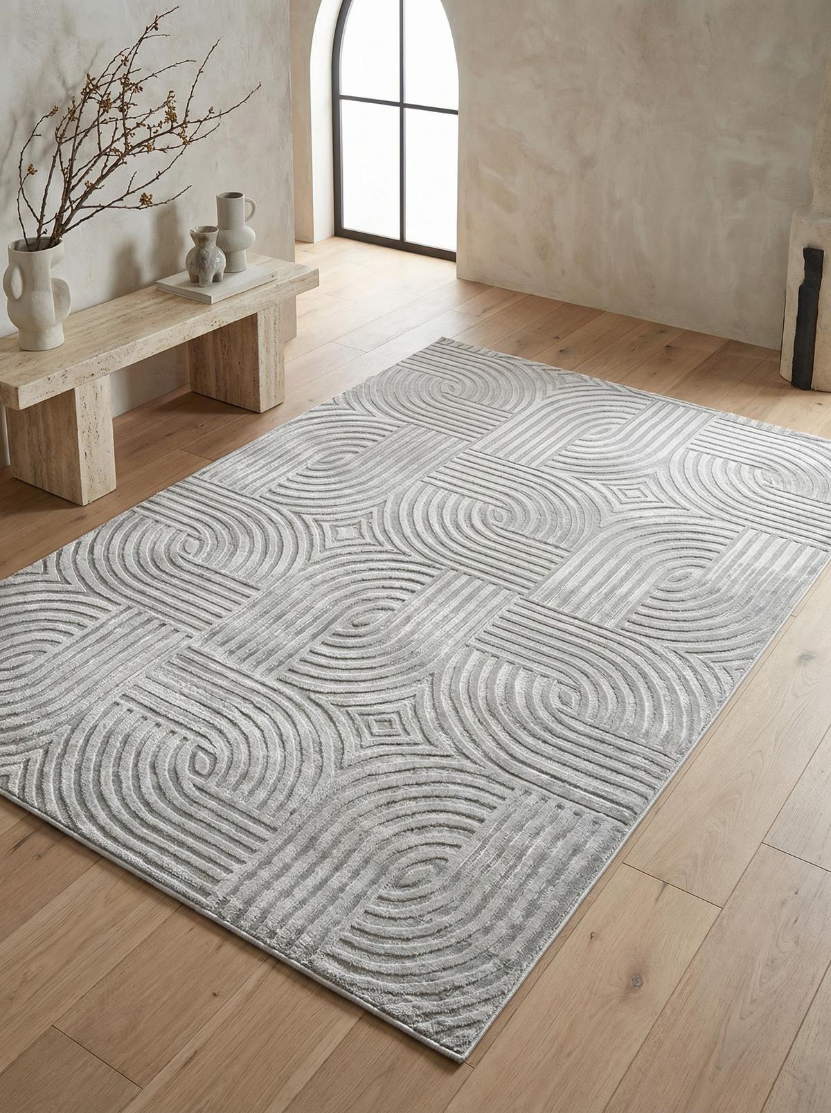 TEPPICH Kurzflor ILLER in Silber, mit 3D-Design, aus Jute, 140 x 200 cm - Silberfarben, Textil (200/140cm) - KADIMA DESIGN