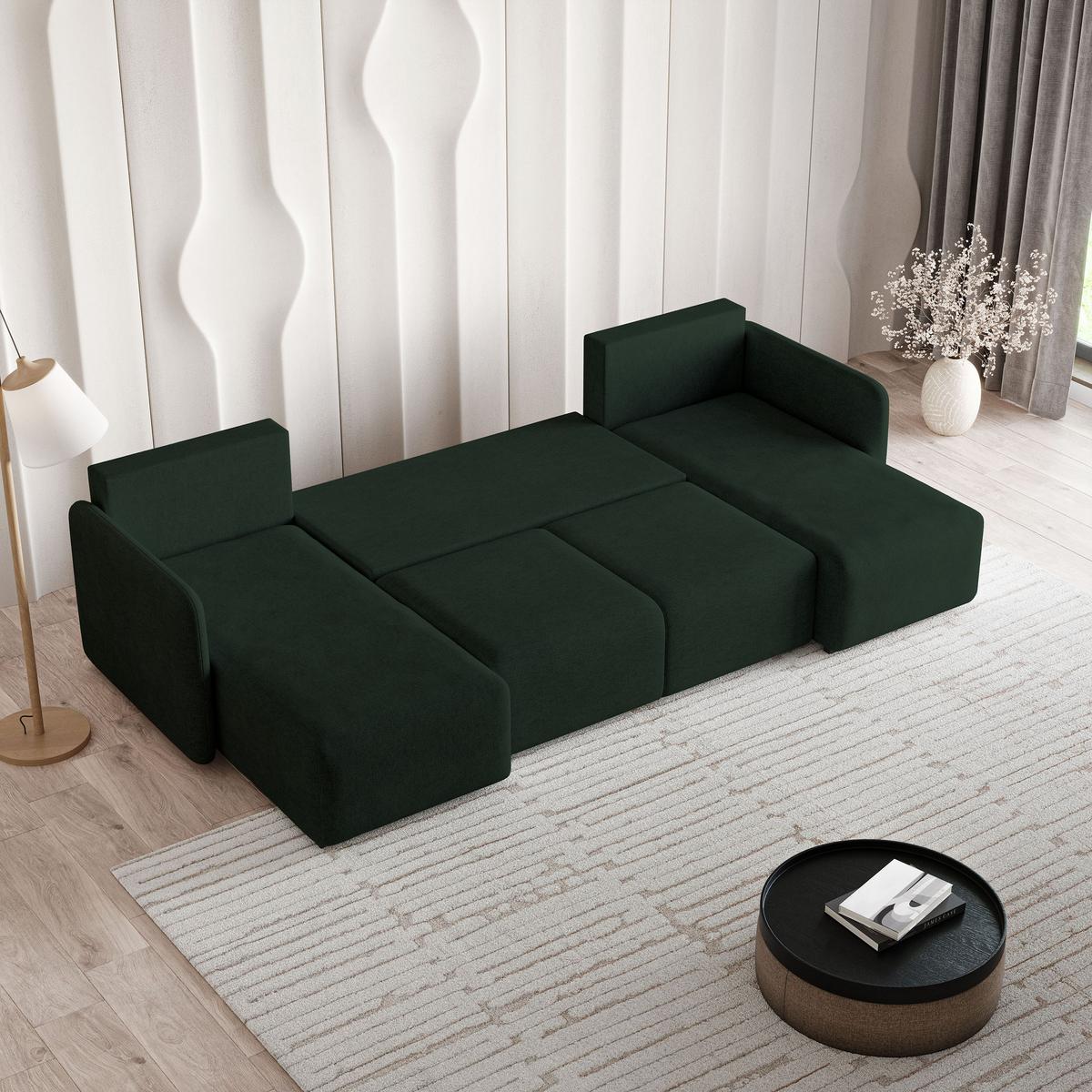 WOHNLANDSCHAFT NUBERO Grün Geflochtener Stoff mit Schlaffunktion - Grün, Holz (285/85/143cm) - MASSENO