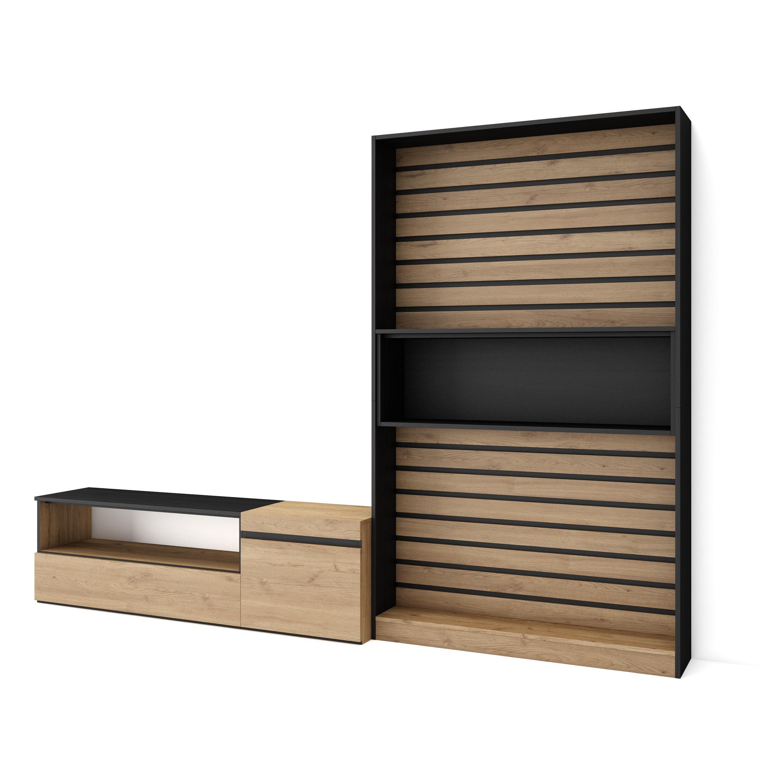WOHNWAND eiche, schwarz, 260/35/186cm - Eichefarben, Holzwerkstoff (260/186/35cm) - Skraut Home