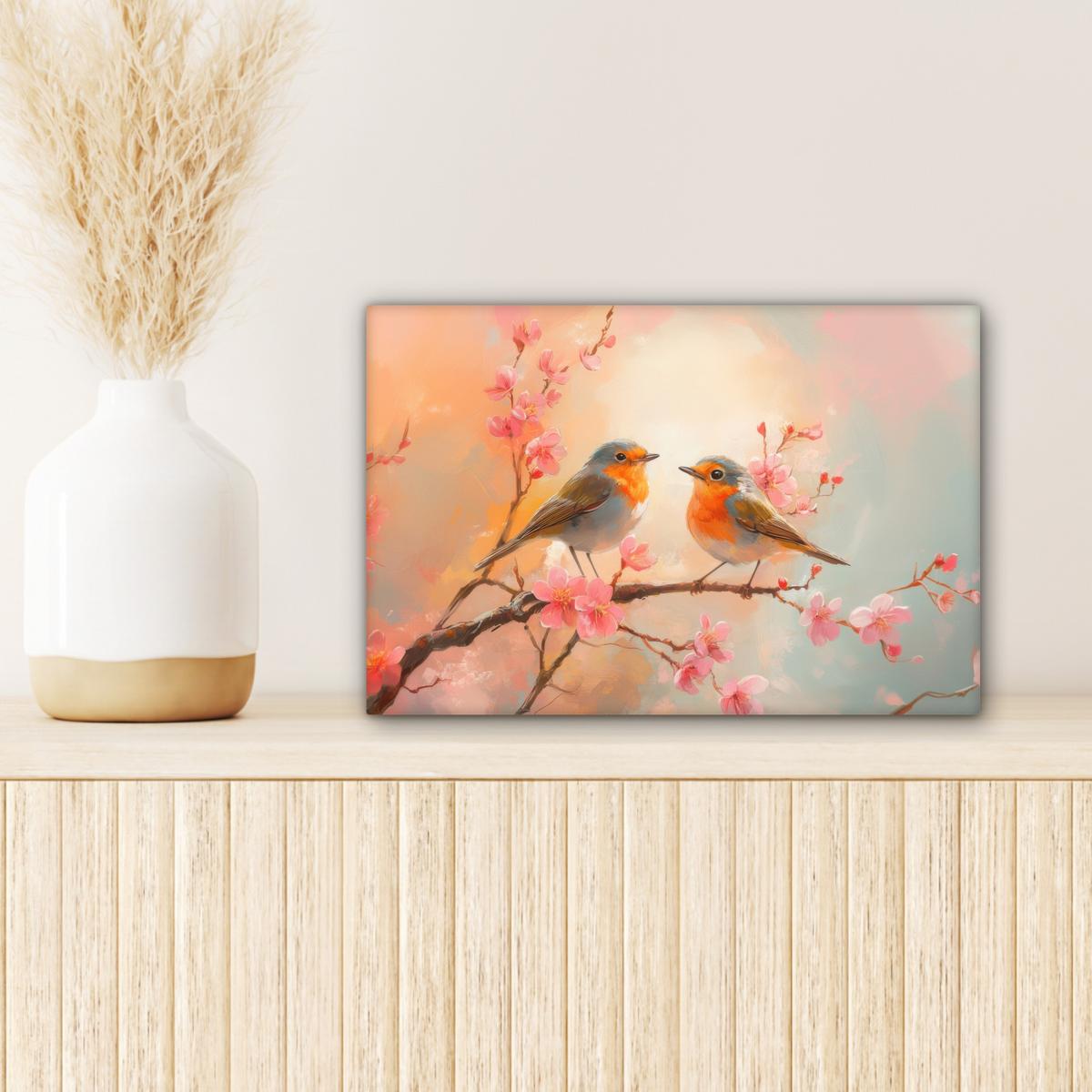 LEINWANDBILD Rotkehlchen - Zierpflanze - Blütenzweig Deko Schlafzimmer 30x20 cm - Hellrosa, Textil (30/20cm) - MuchoWow