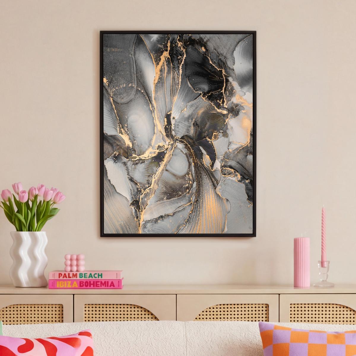 LEINWAND Bilder mit Rahmen - Grau - Luxus - Gold - Marmor - 70x100 - Dunkelgrau, Textil (70/100cm) - MuchoWow